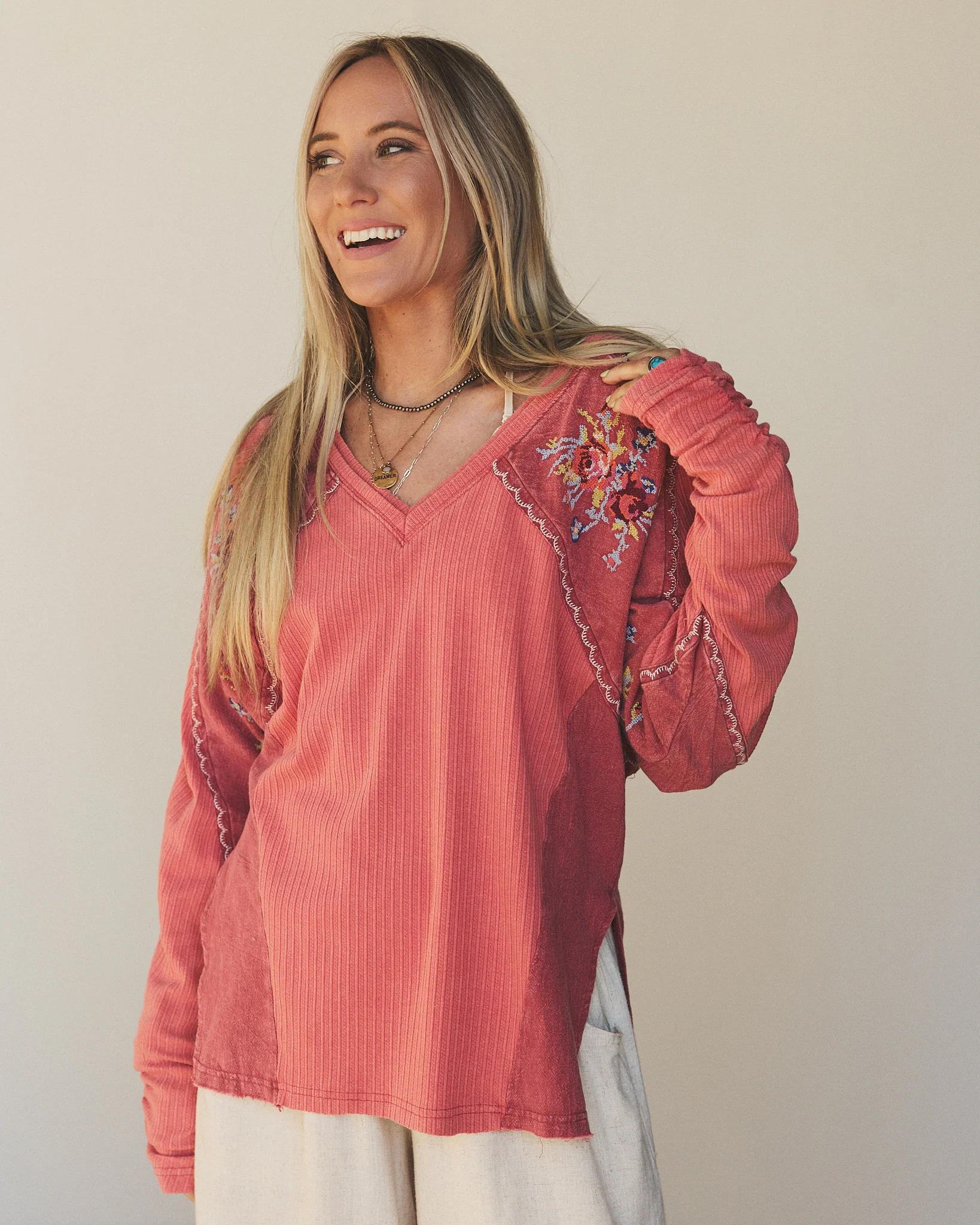 Rosebud Long Sleeve Embroidered Top - Rustic Red - Image 6