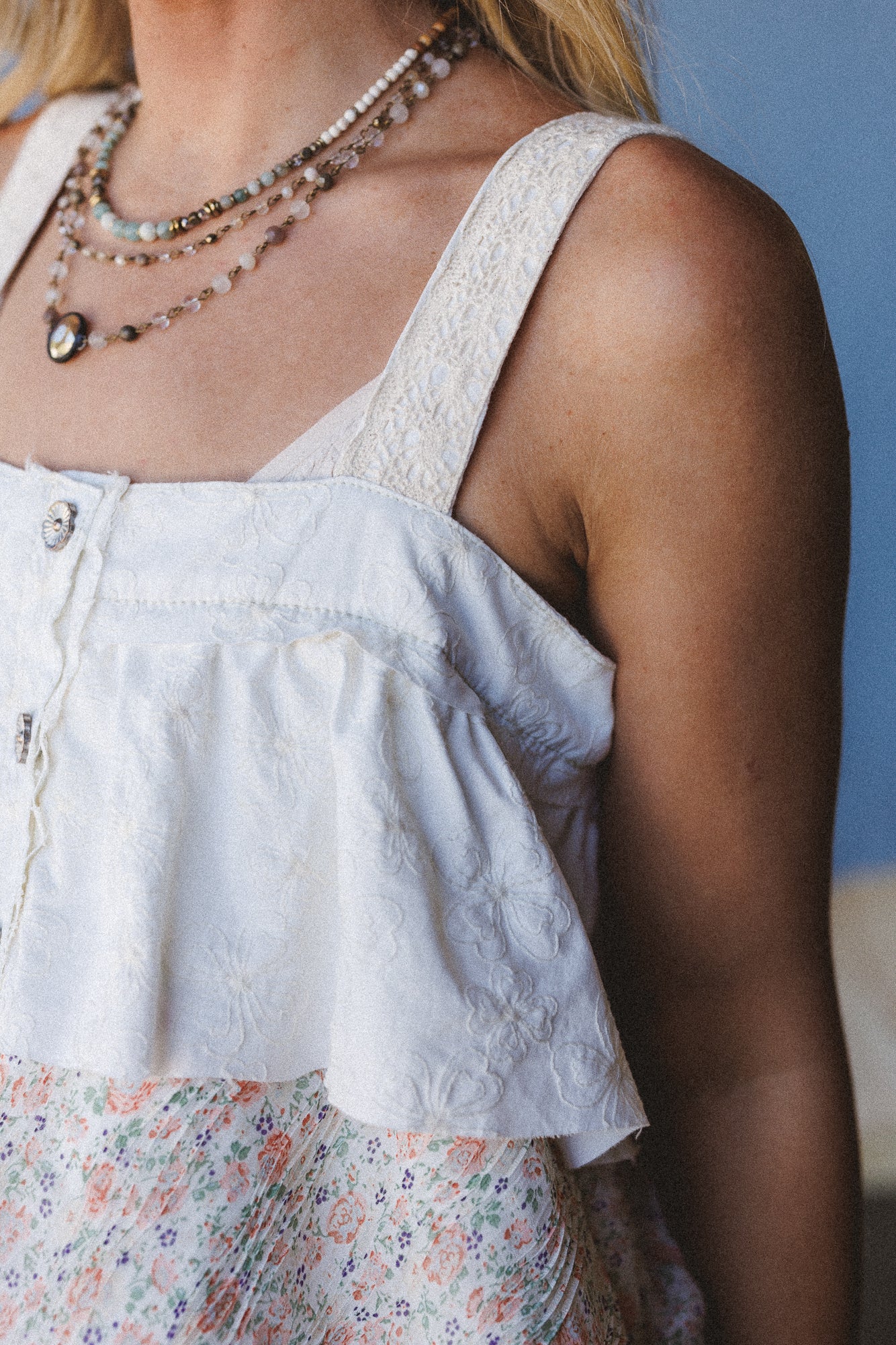 Rosette Layered Denim Dress - Ivory - Image 4