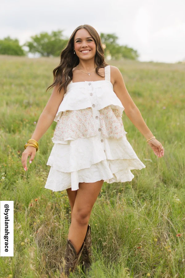 Rosette Layered Denim Dress - Ivory - Image 8
