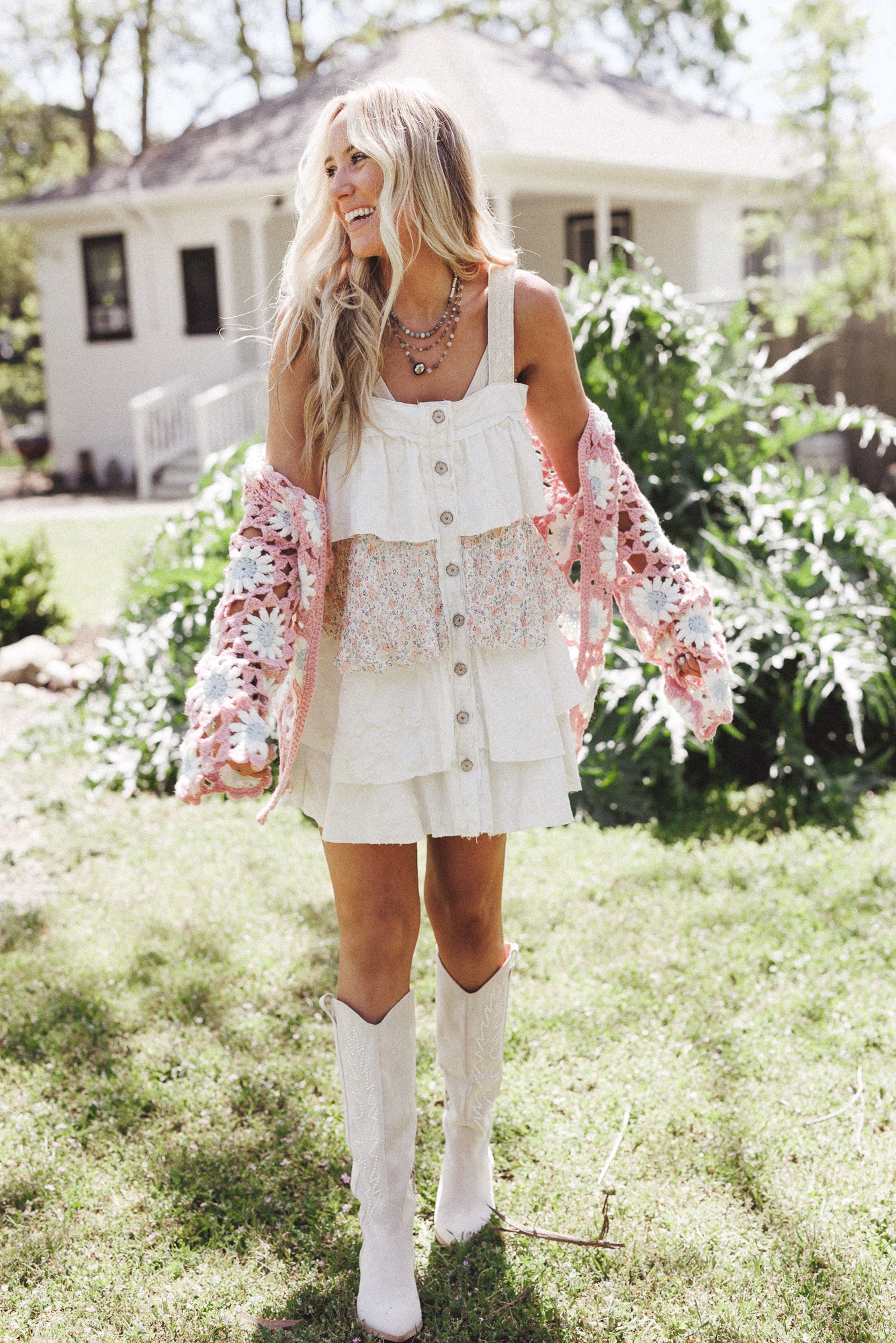 Rosette Layered Denim Dress - Ivory - Image 9