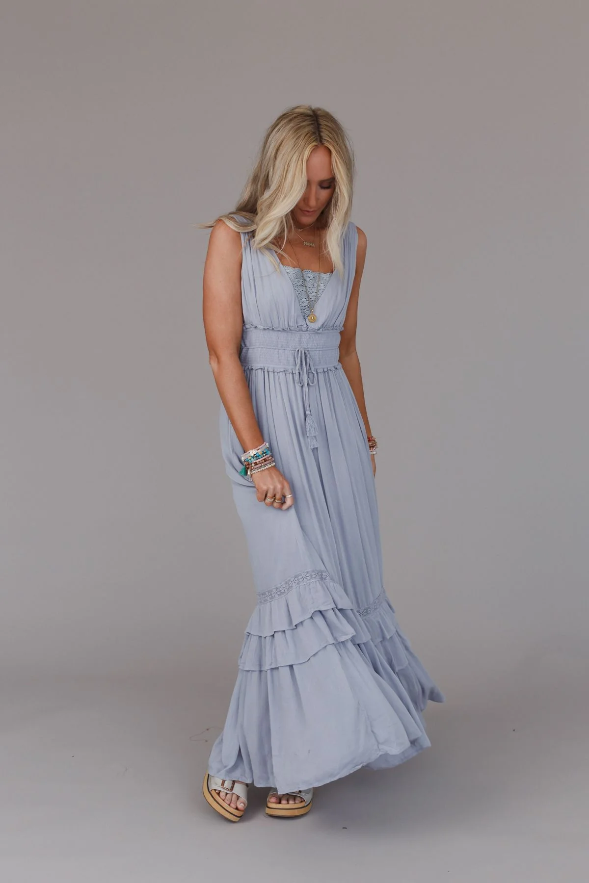 Santa Maria Tiered Lace Maxi Dress - Washed Gray - Image 9