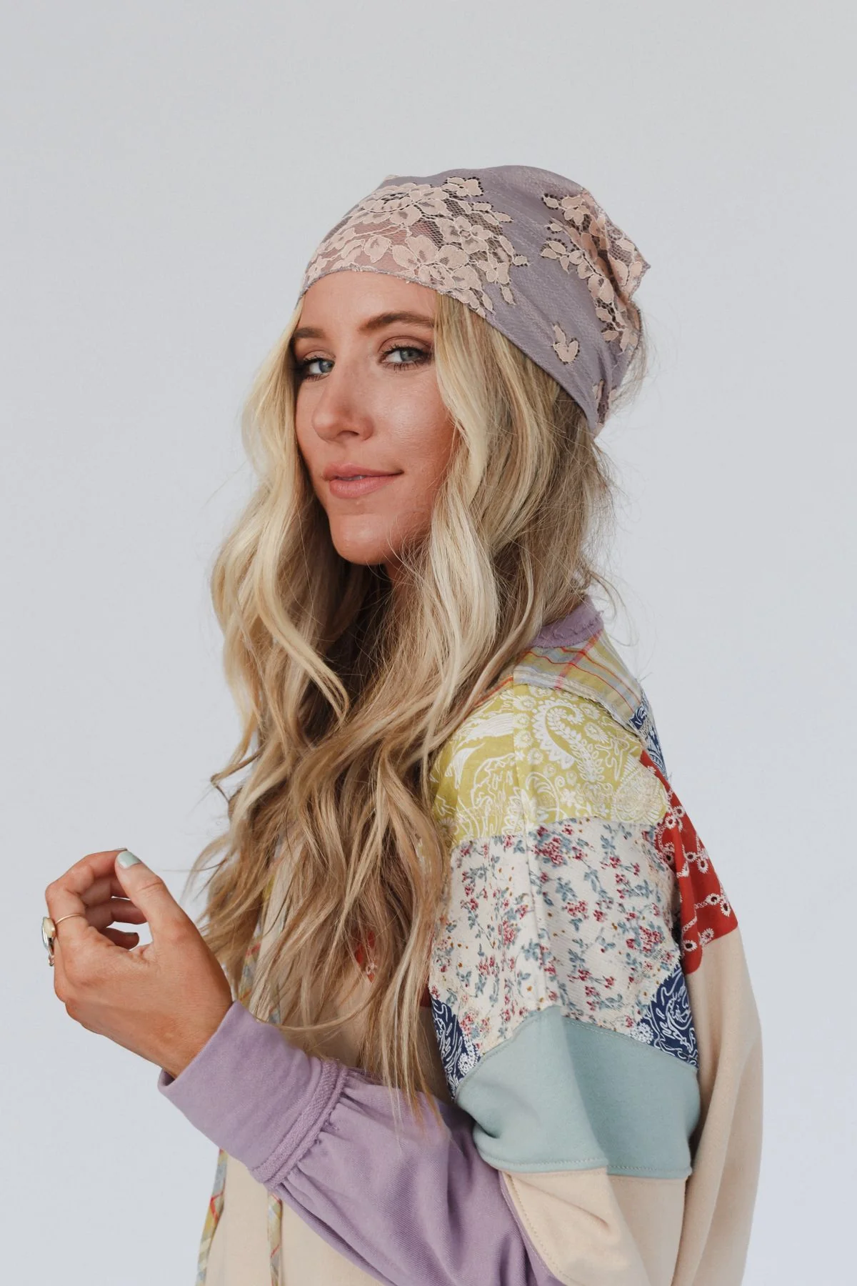 Sarah Floral Lace Headscarf - Gray - Image 6