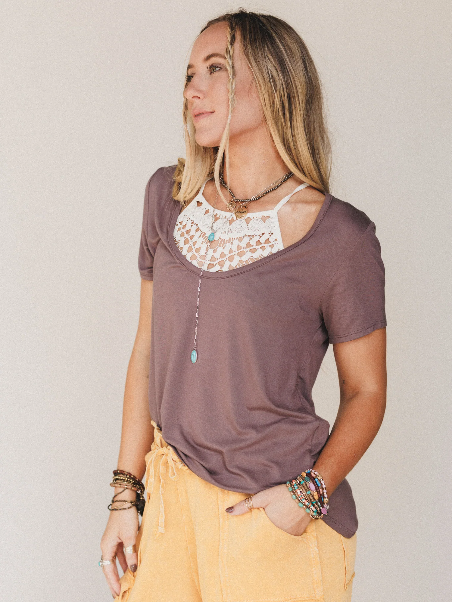 Scoop Neck Bralette Tee - Mocha - Image 4