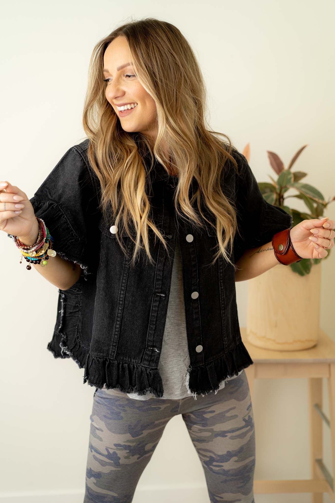 Scottie Ruffle Denim Jacket - Black - Image 2