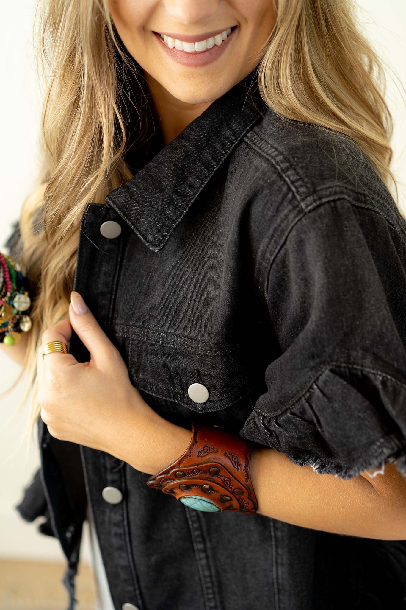 Scottie Ruffle Denim Jacket - Black - Image 3