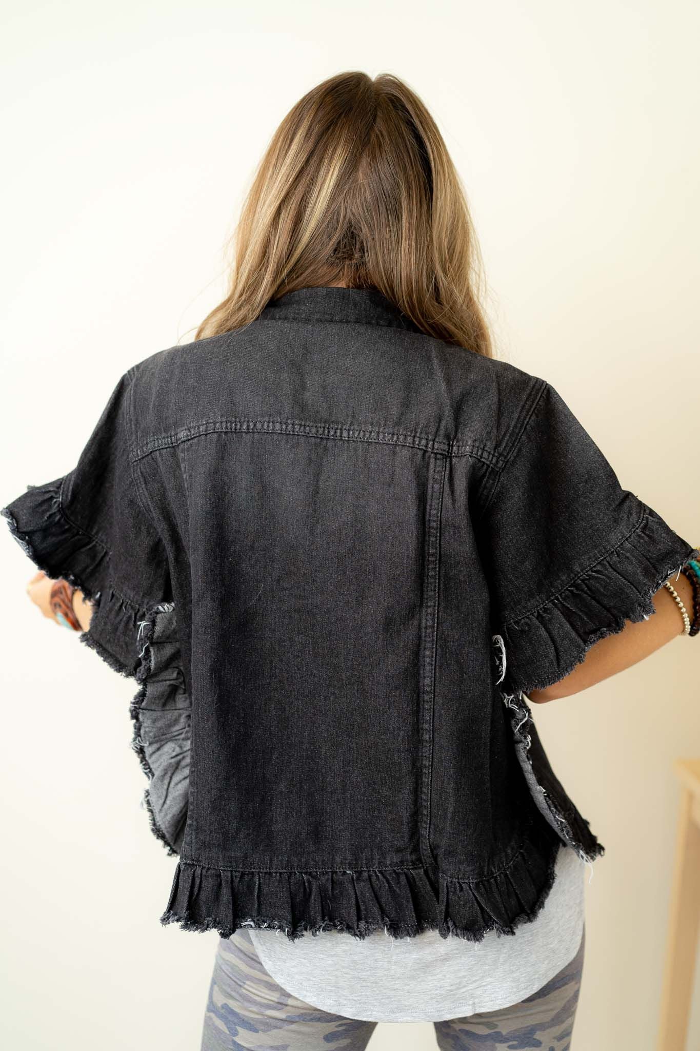 Scottie Ruffle Denim Jacket - Black - Image 4