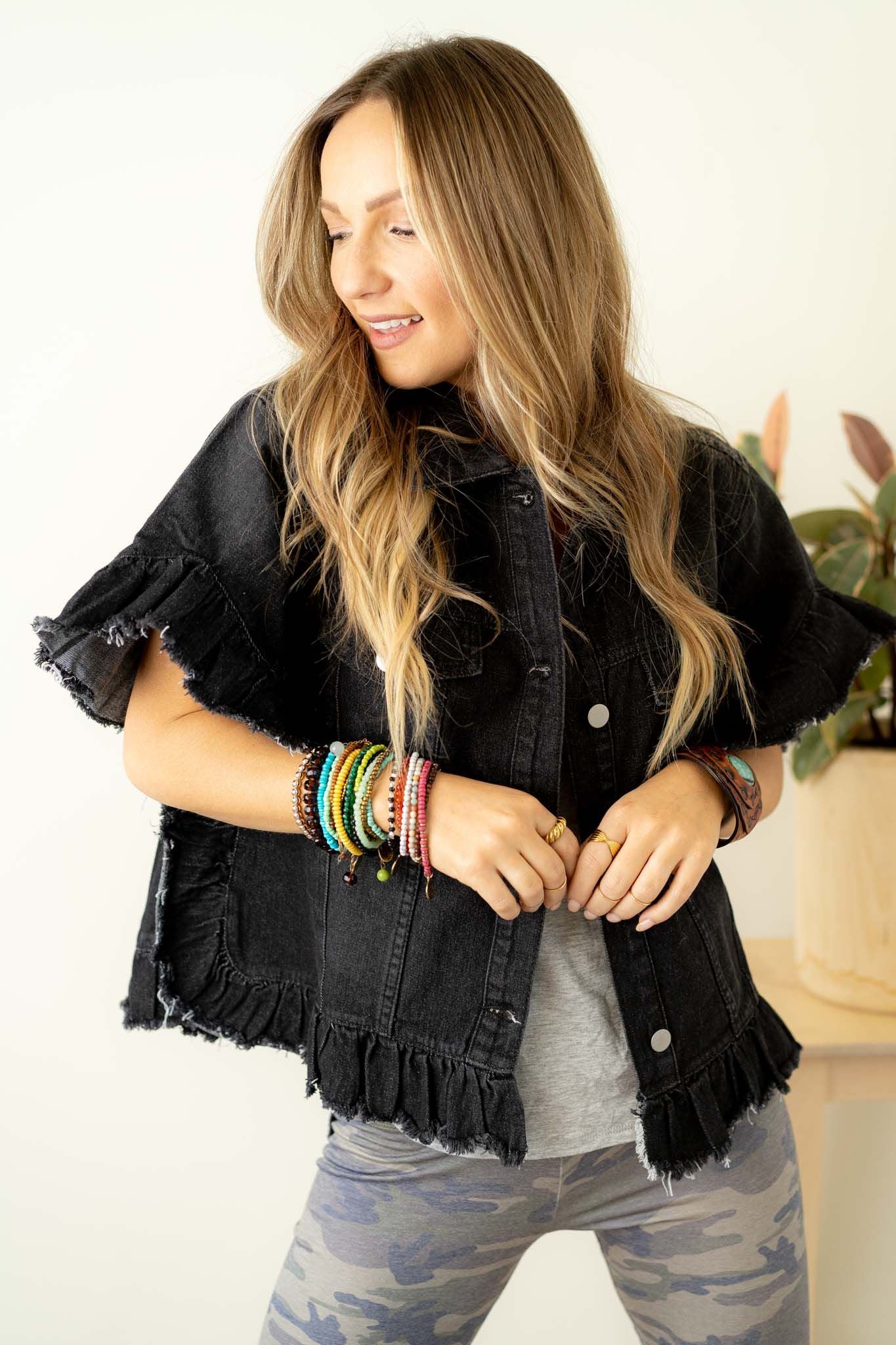 Scottie Ruffle Denim Jacket - Black - Image 5