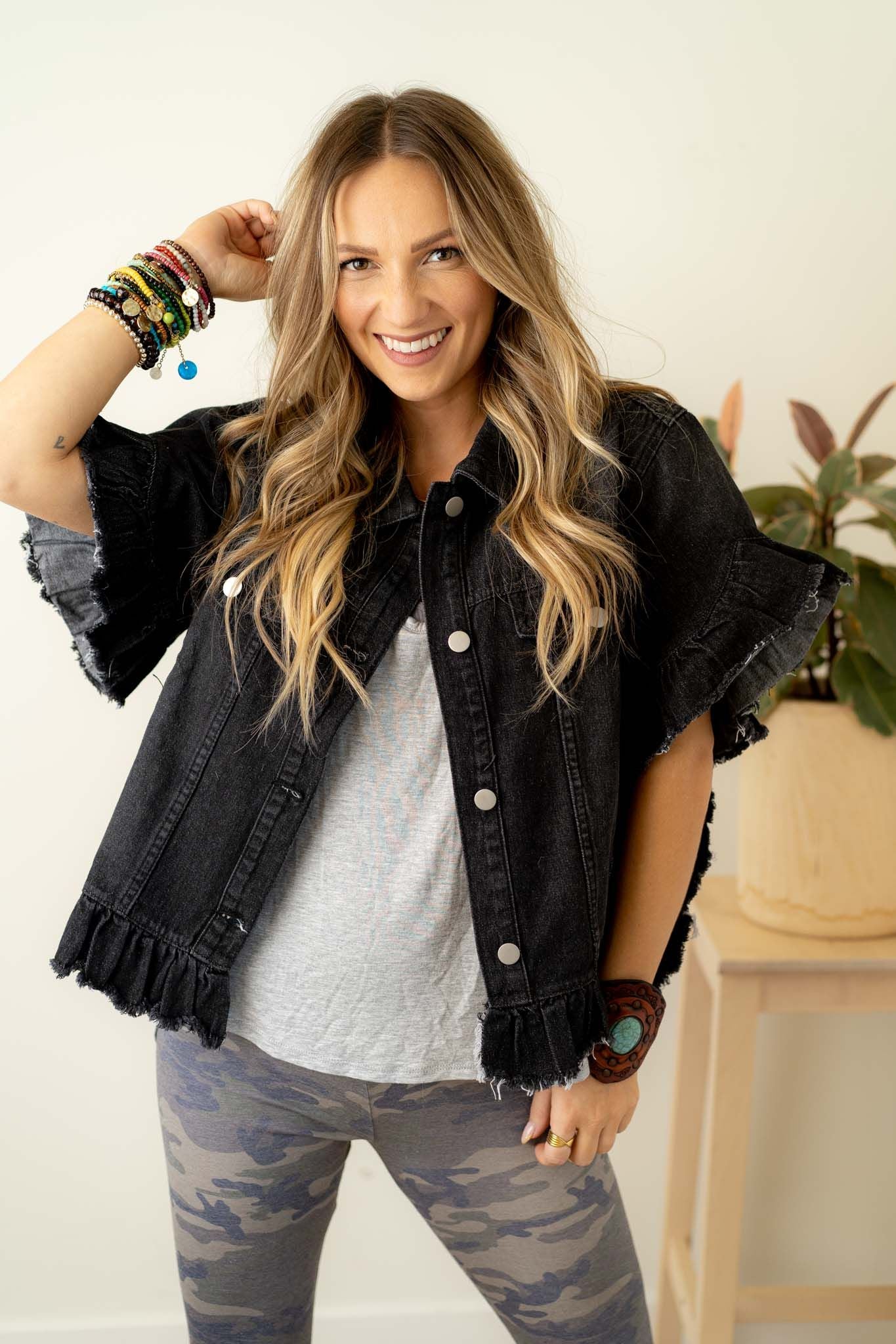Scottie Ruffle Denim Jacket - Black - Image 6