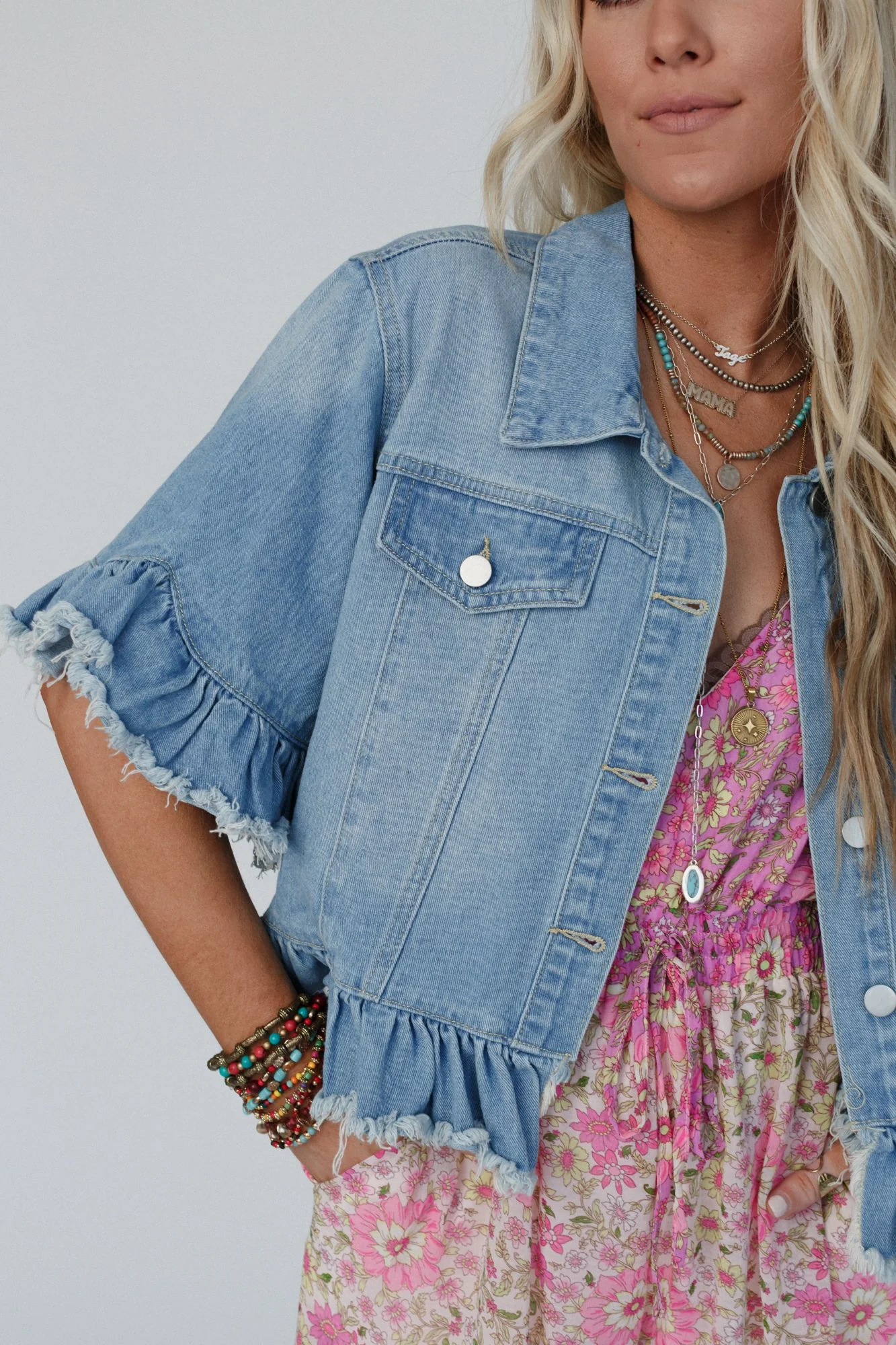 Scottie Ruffle Denim Jacket - Light Denim - Image 5