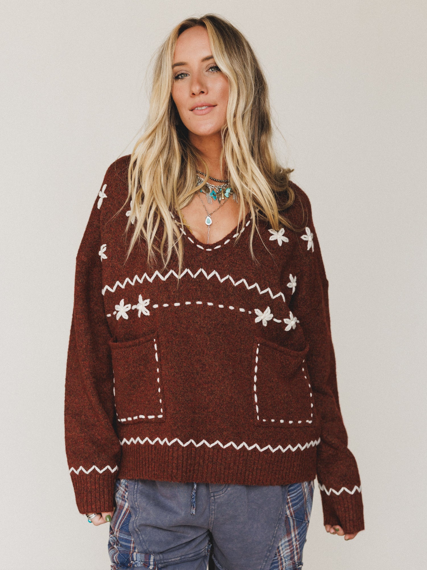 Chai Embroidered Knit Sweater - Red - Image 4