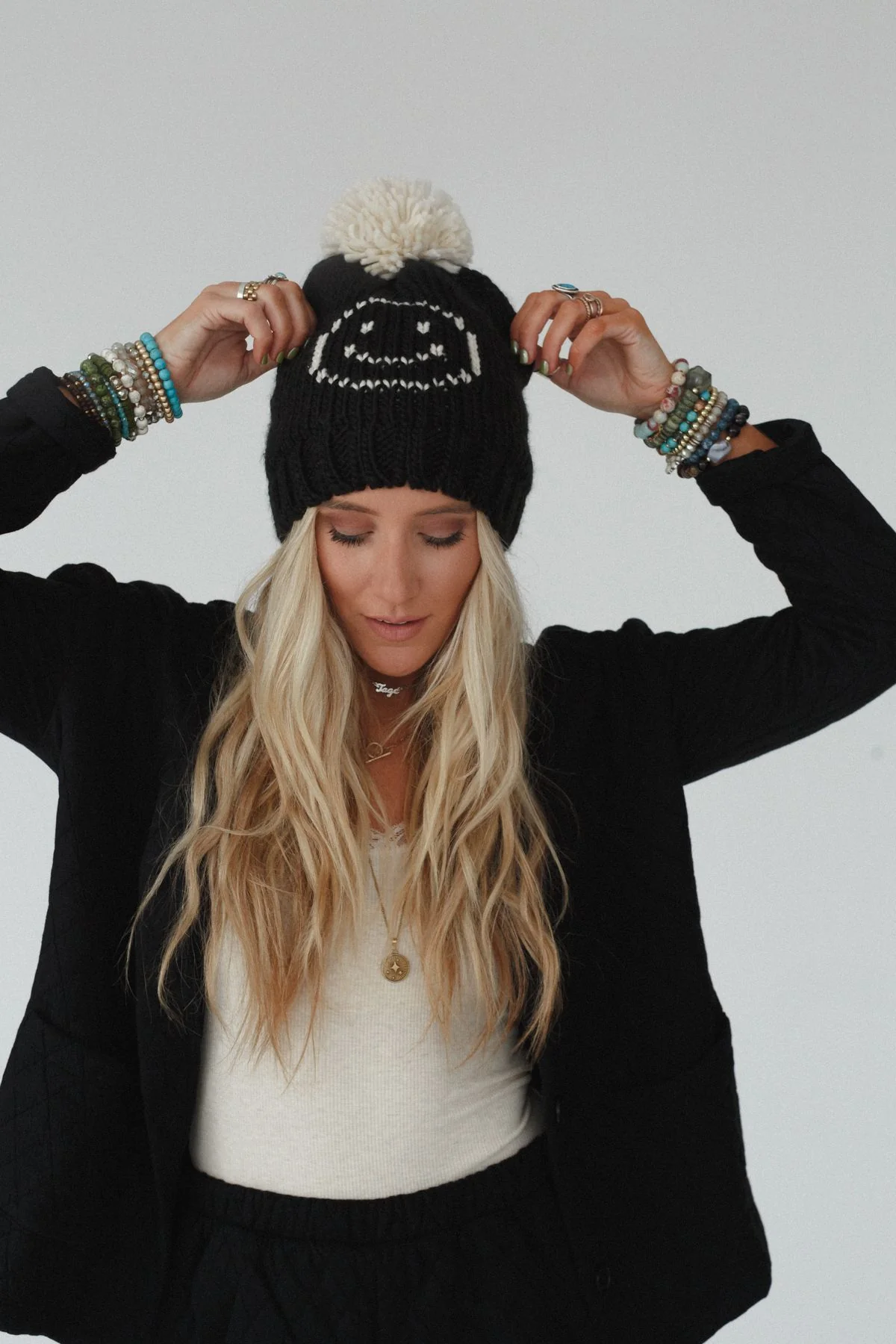 Snuggle Happy Pom Beanie - Black - Image 4