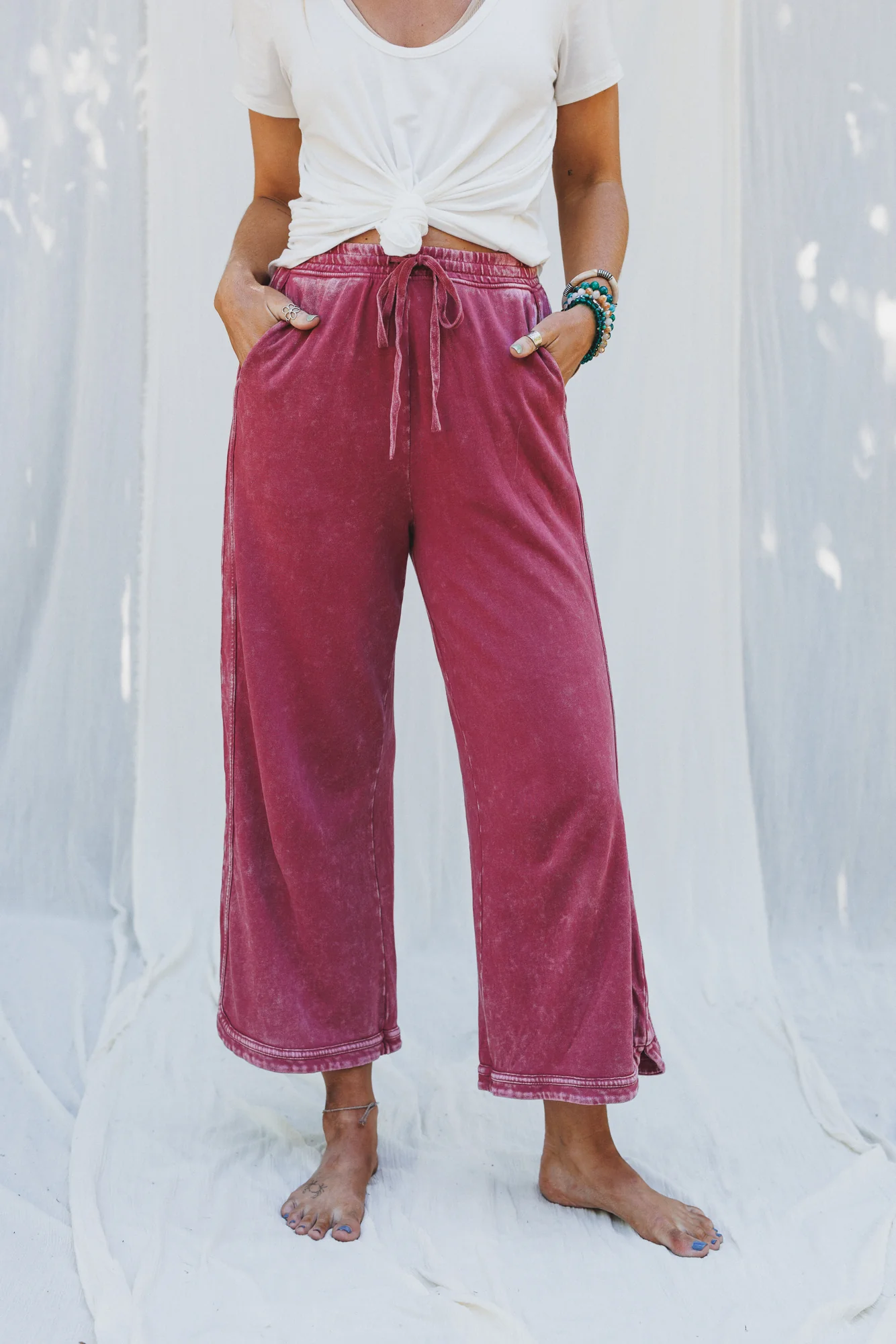 So Comfy Wide Leg Pant Cropped Length - Burgundy - Image 4