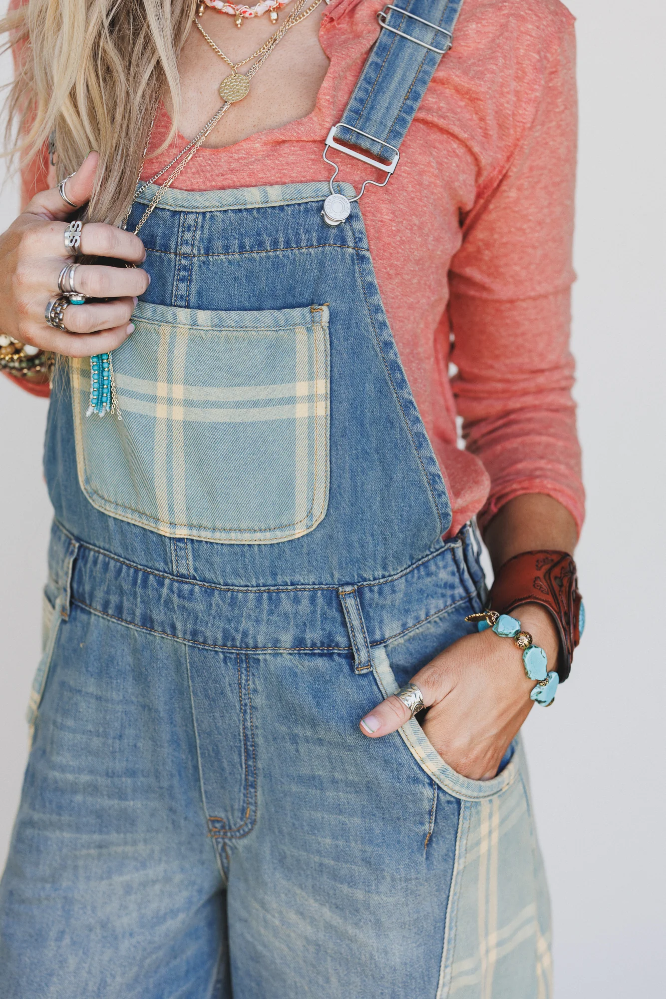 So Fine Contrast Denim Overalls - Medium Wash - Image 3