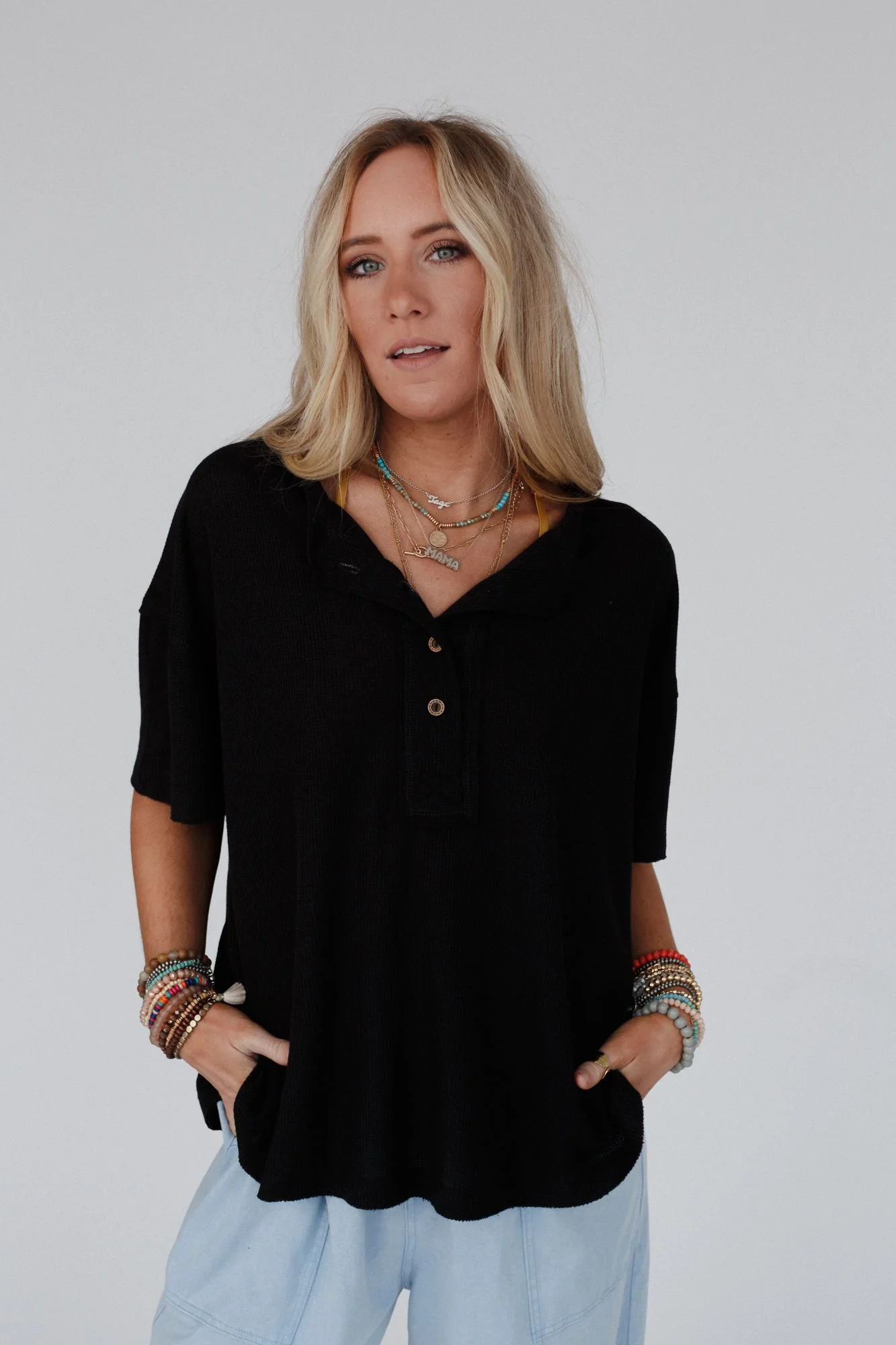 The Nest Soft Plume Henley Top - Black - Image 2