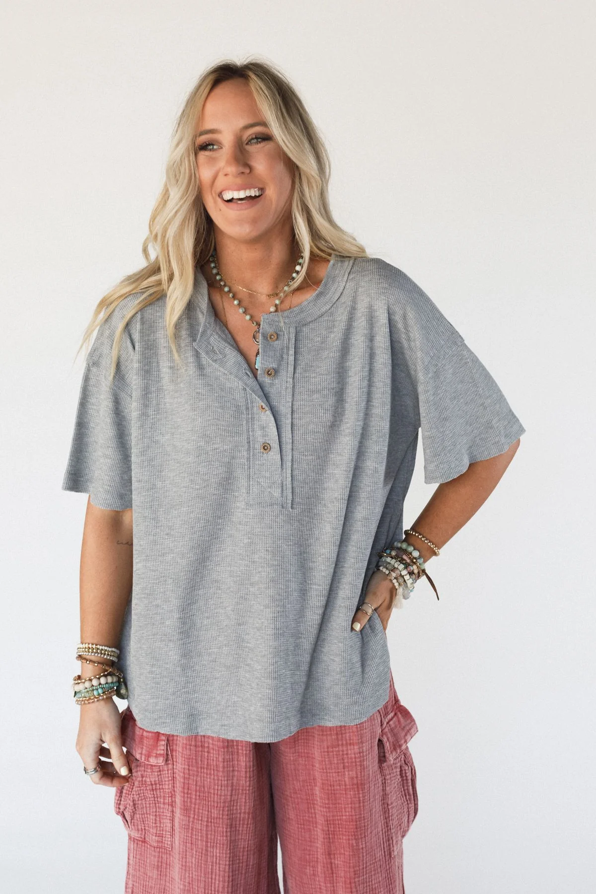 The Nest Soft Plume Henley Top - Heather Grey - Image 3
