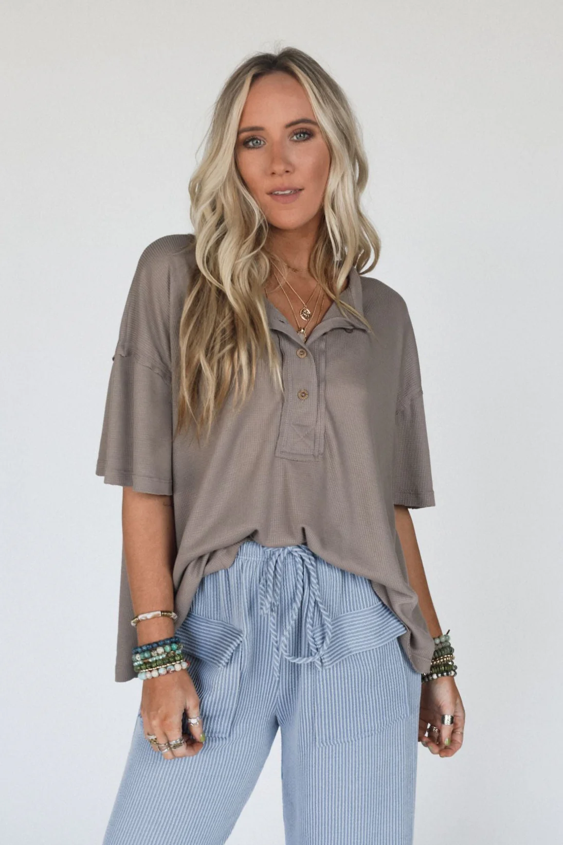 The Nest Soft Plume Henley Top - Mocha - Image 2