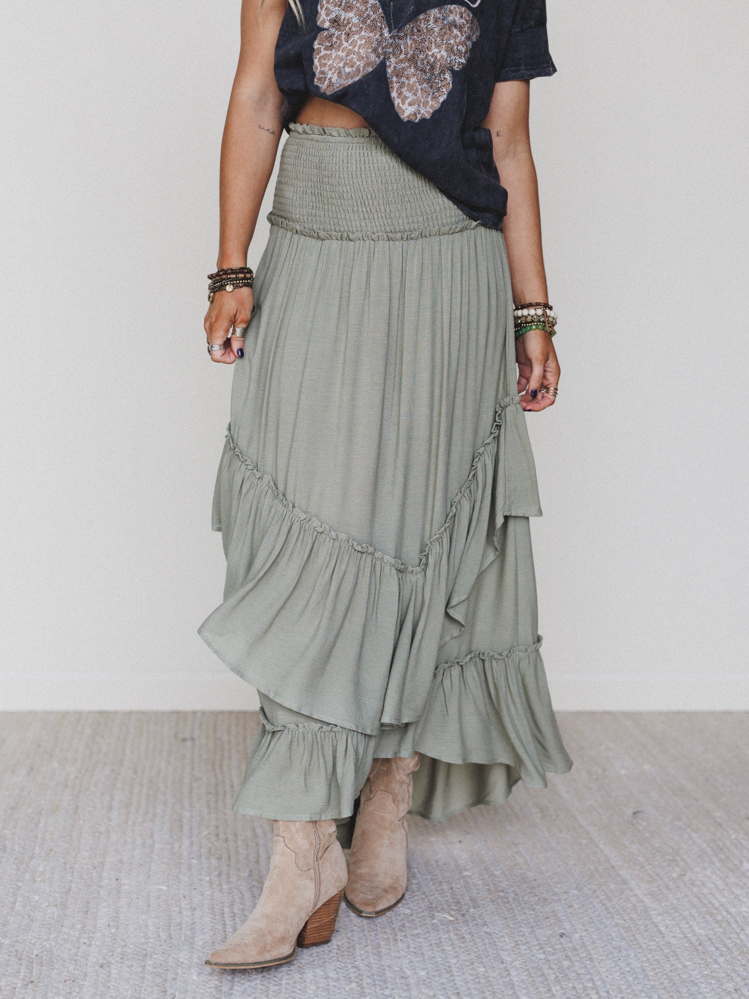 Washed Ashore Ruffled Maxi Skirt - Olive - Image 2
