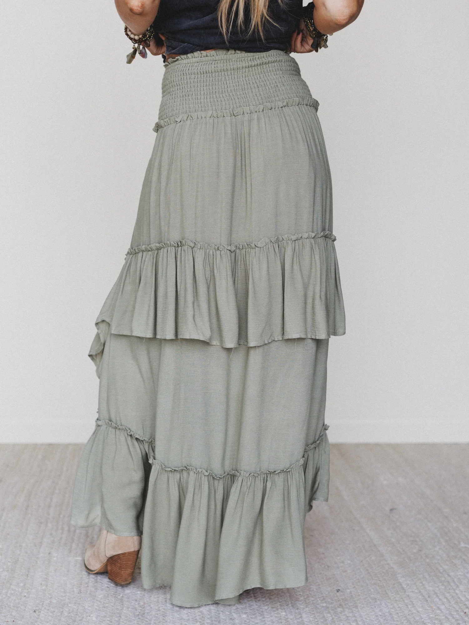 Washed Ashore Ruffled Maxi Skirt - Olive - Image 5