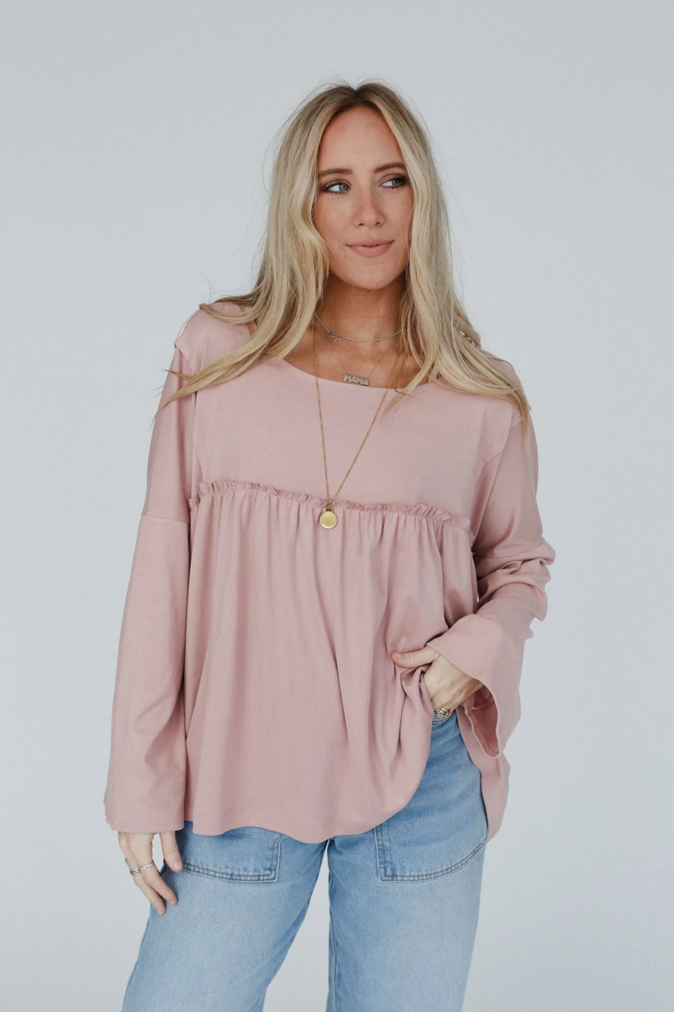 The Nest Solid Serenity Long Sleeve Babydoll Top - Mauve Dusty - Image 2