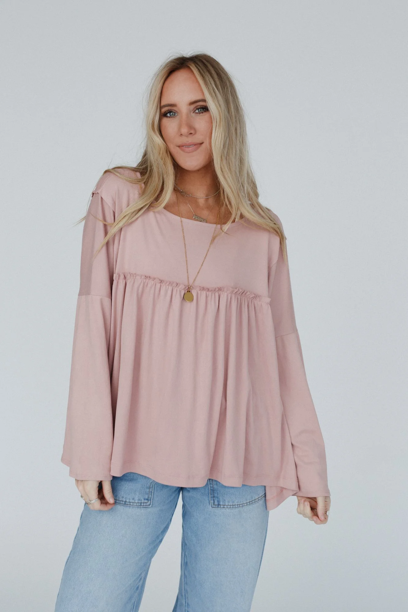 The Nest Solid Serenity Long Sleeve Babydoll Top - Mauve Dusty - Image 4