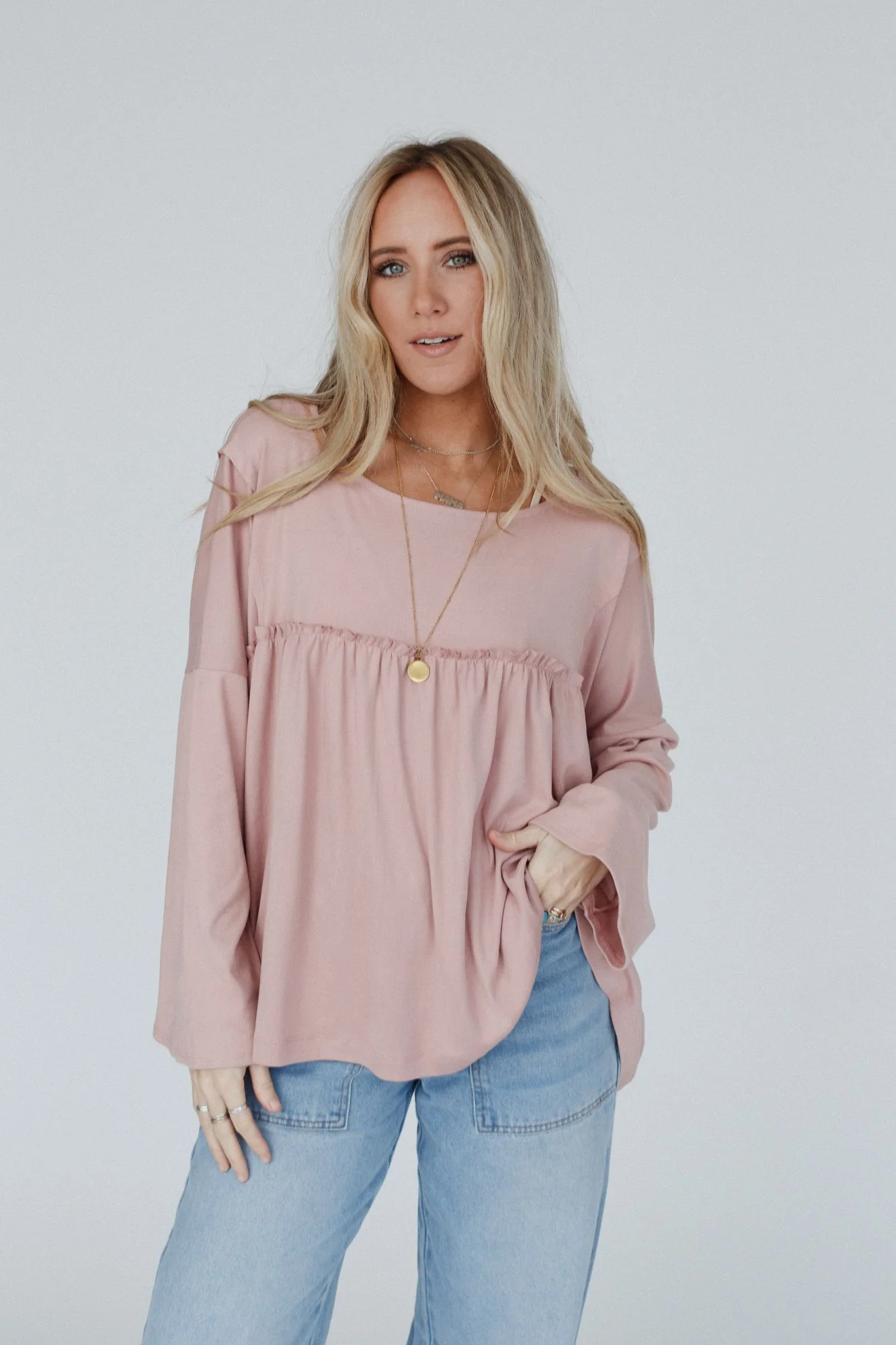 The Nest Solid Serenity Long Sleeve Babydoll Top - Mauve Dusty - Pre Order