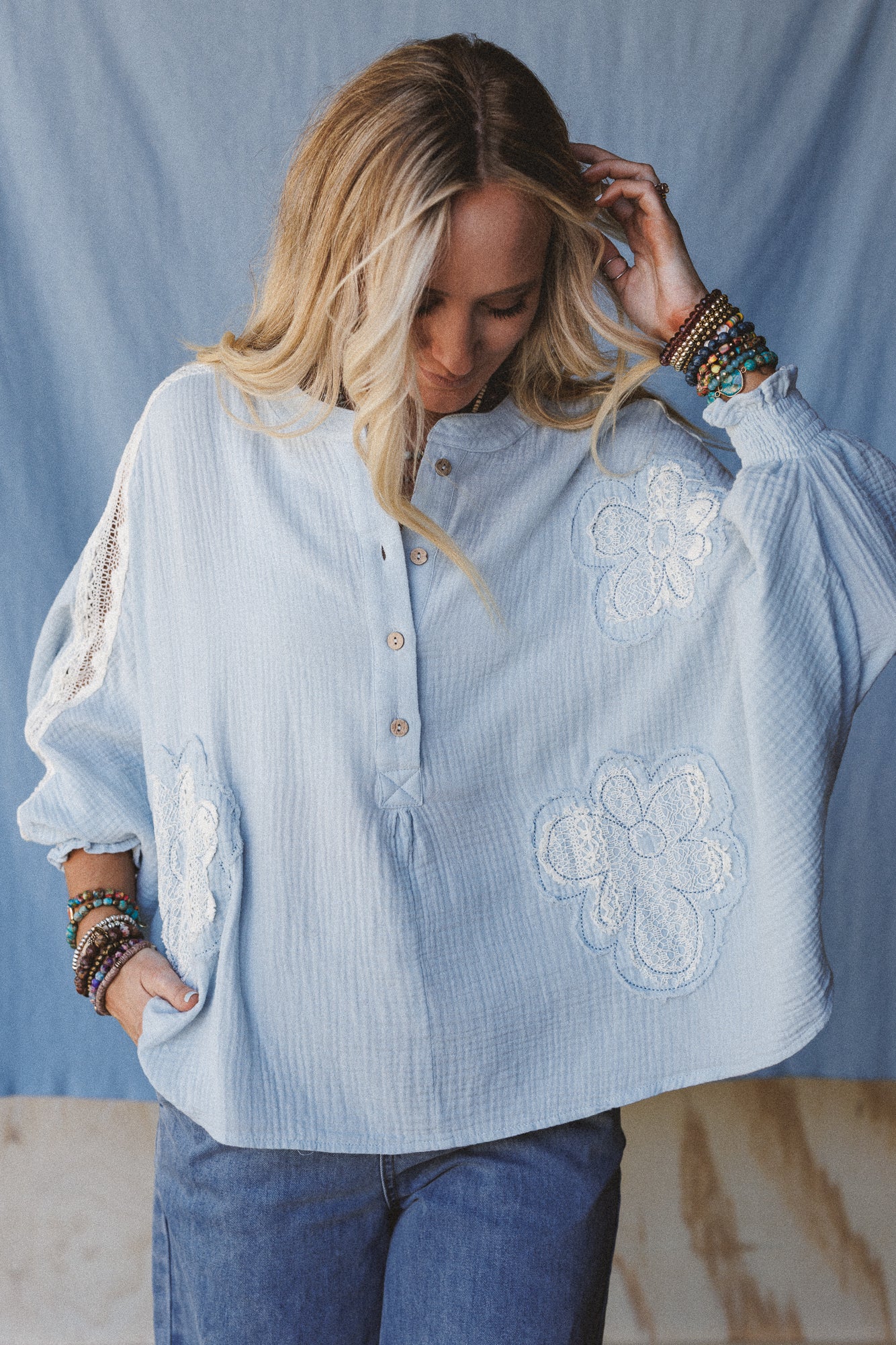 Soul Stir Crochet Trim Top - Blue - Image 3