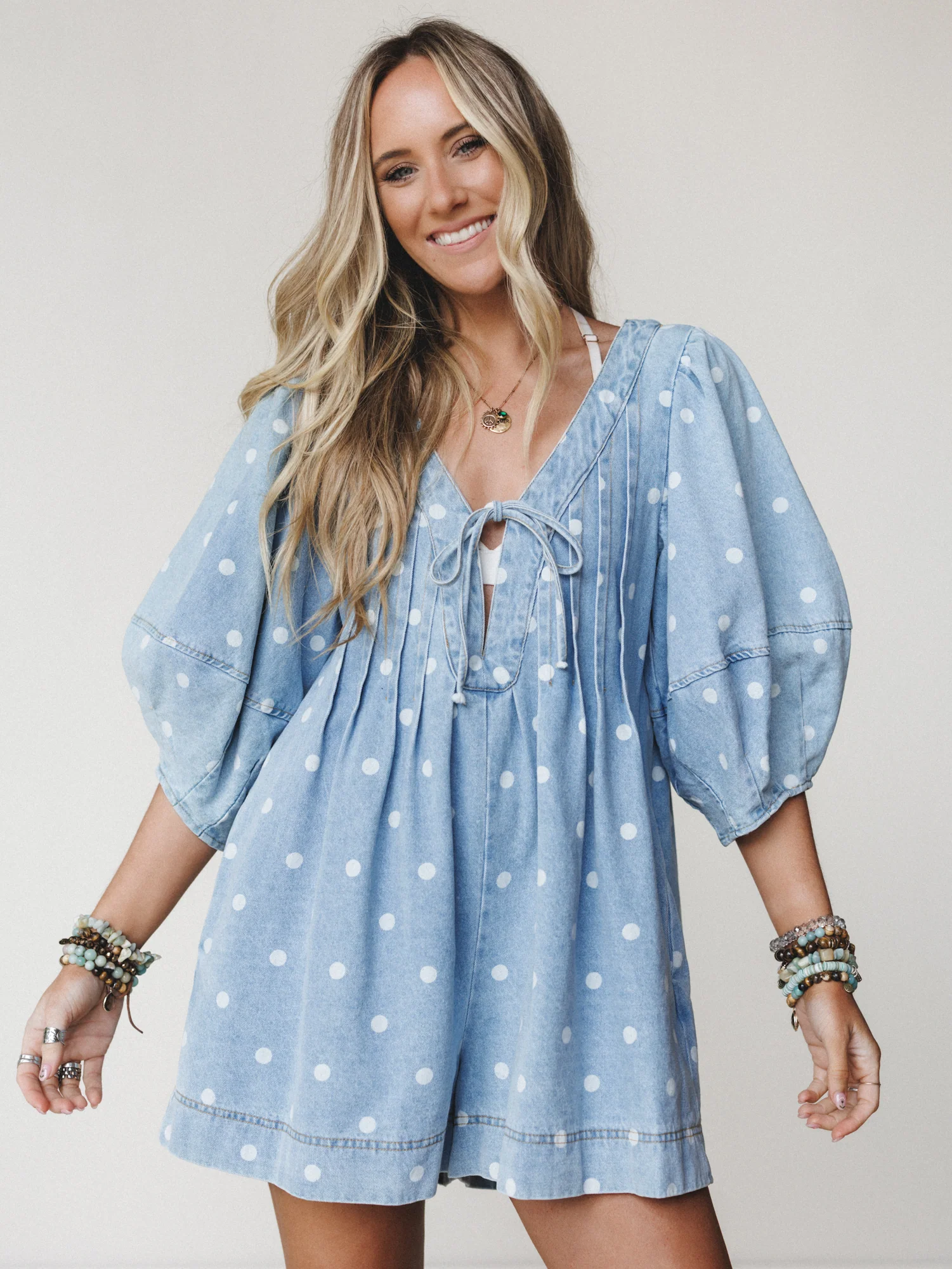 Spotted in Cuteness Denim Romper - Light Denim - Image 2