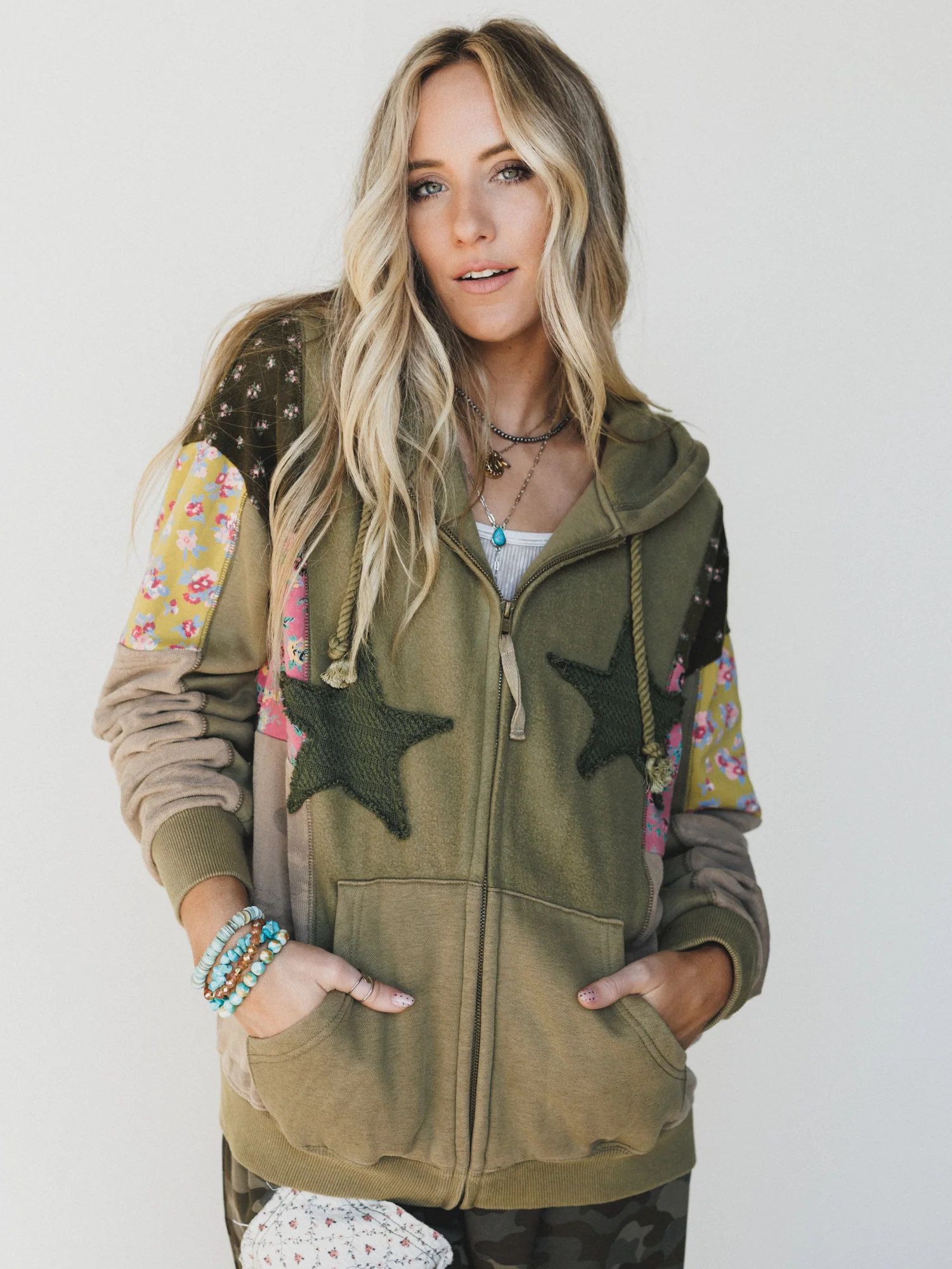 Stars on the Double Zip Up Hoodie - Faded Olive - Image 6