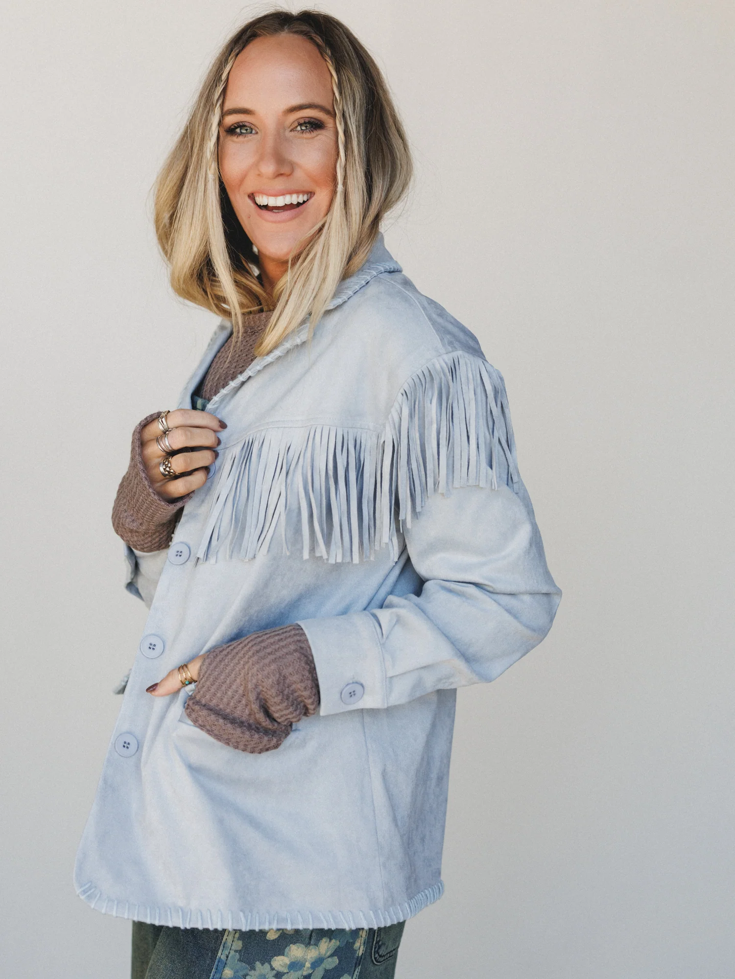 Suede Soul Fringe Jacket Blazer - Pastel Grey - Image 3