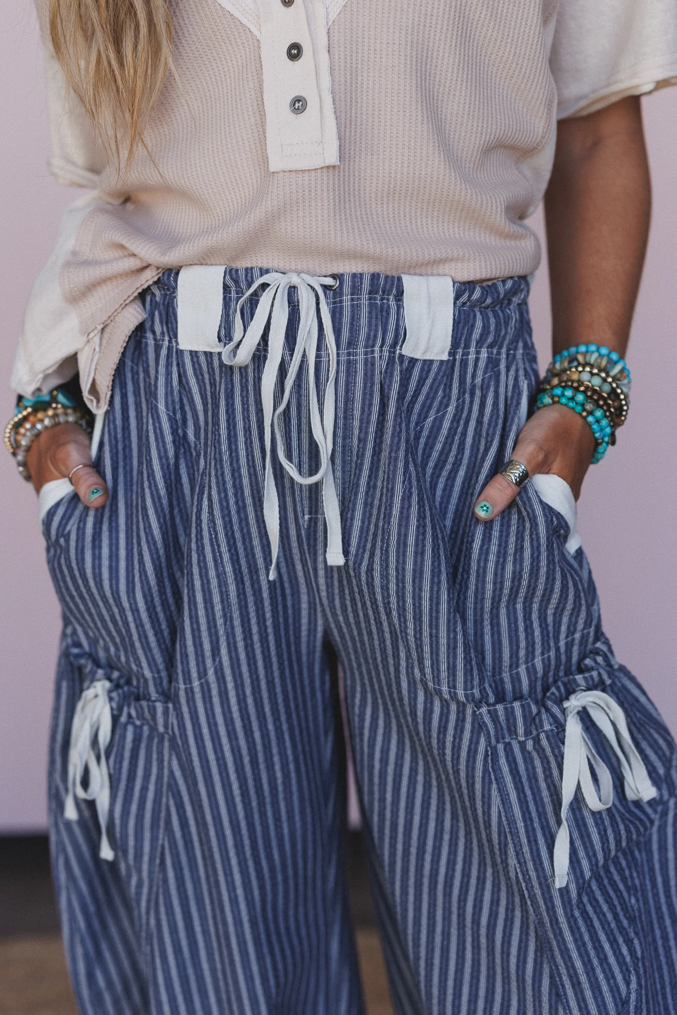 Sunday Social Striped Drawstring Joggers - Blue - Image 4