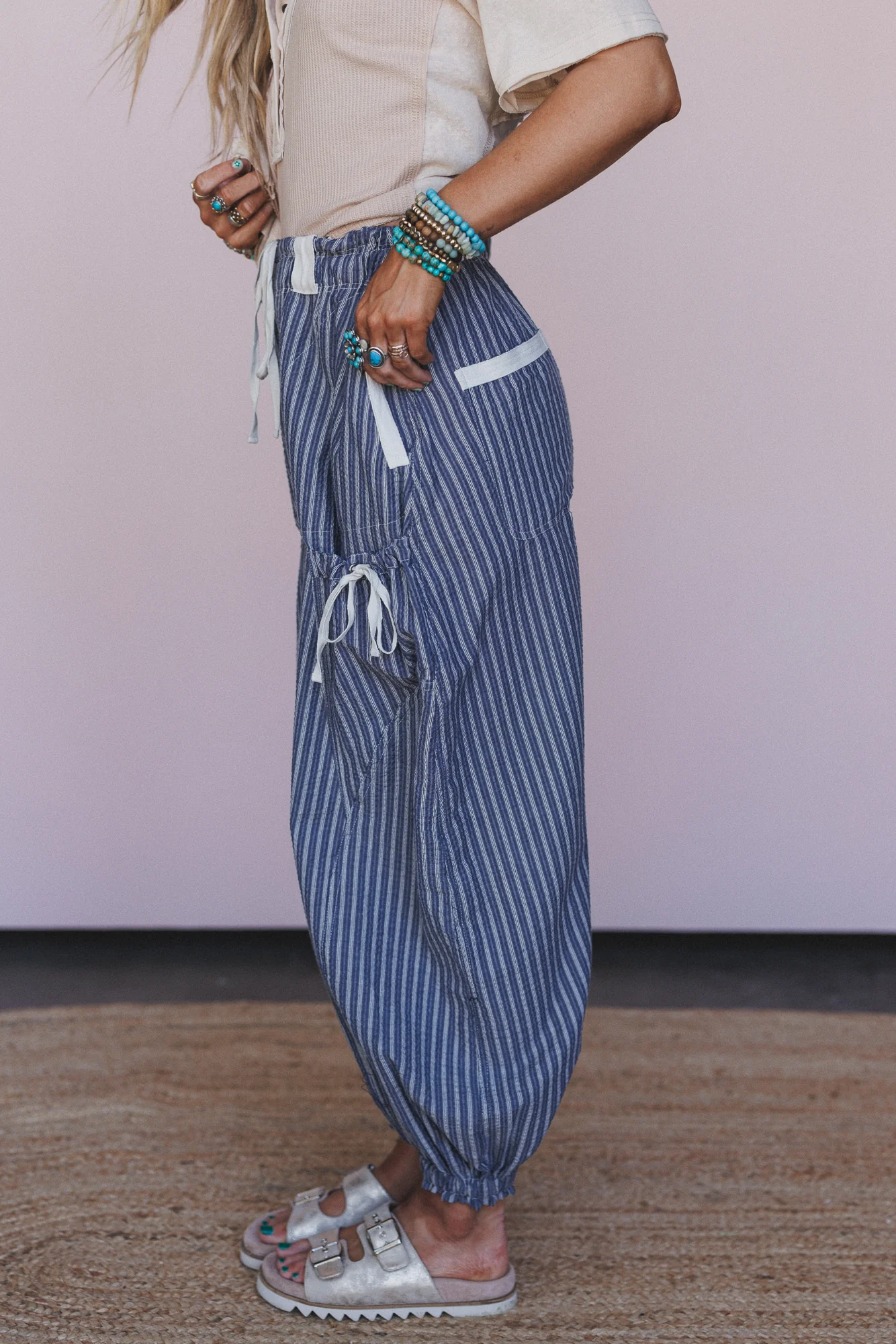 Sunday Social Striped Drawstring Joggers - Blue - Image 5