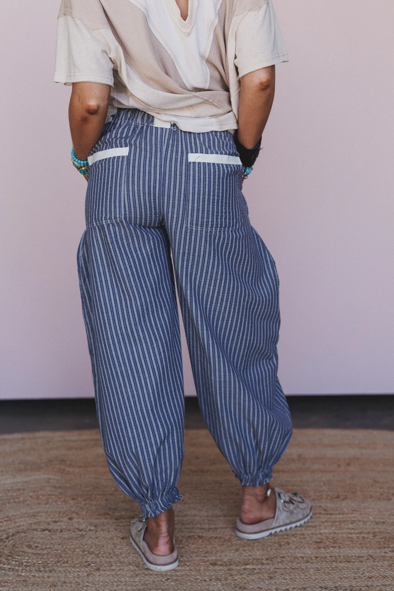 Sunday Social Striped Drawstring Joggers - Blue - Image 6