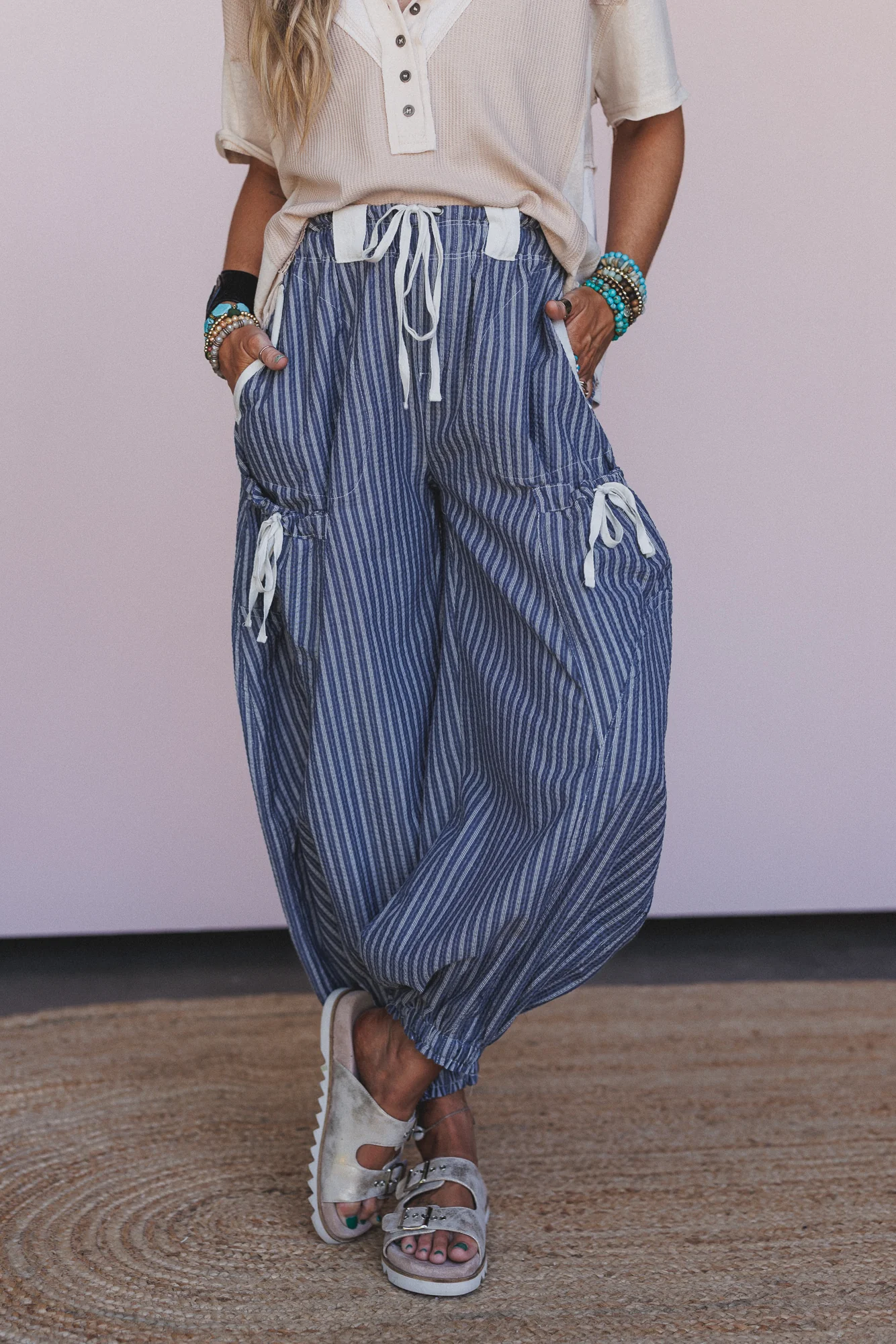 Sunday Social Striped Drawstring Joggers - Blue - Pre Order