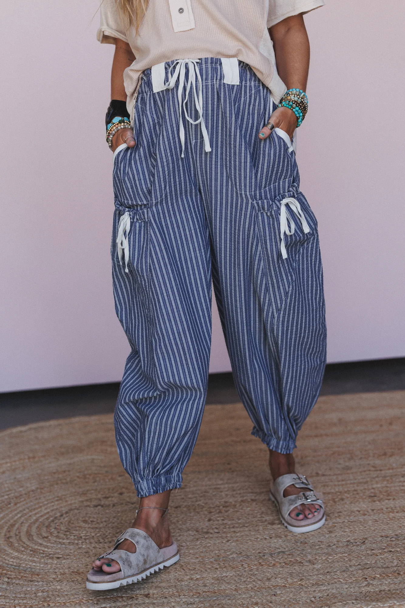 Sunday Social Striped Drawstring Joggers - Blue - Pre Order - Image 2