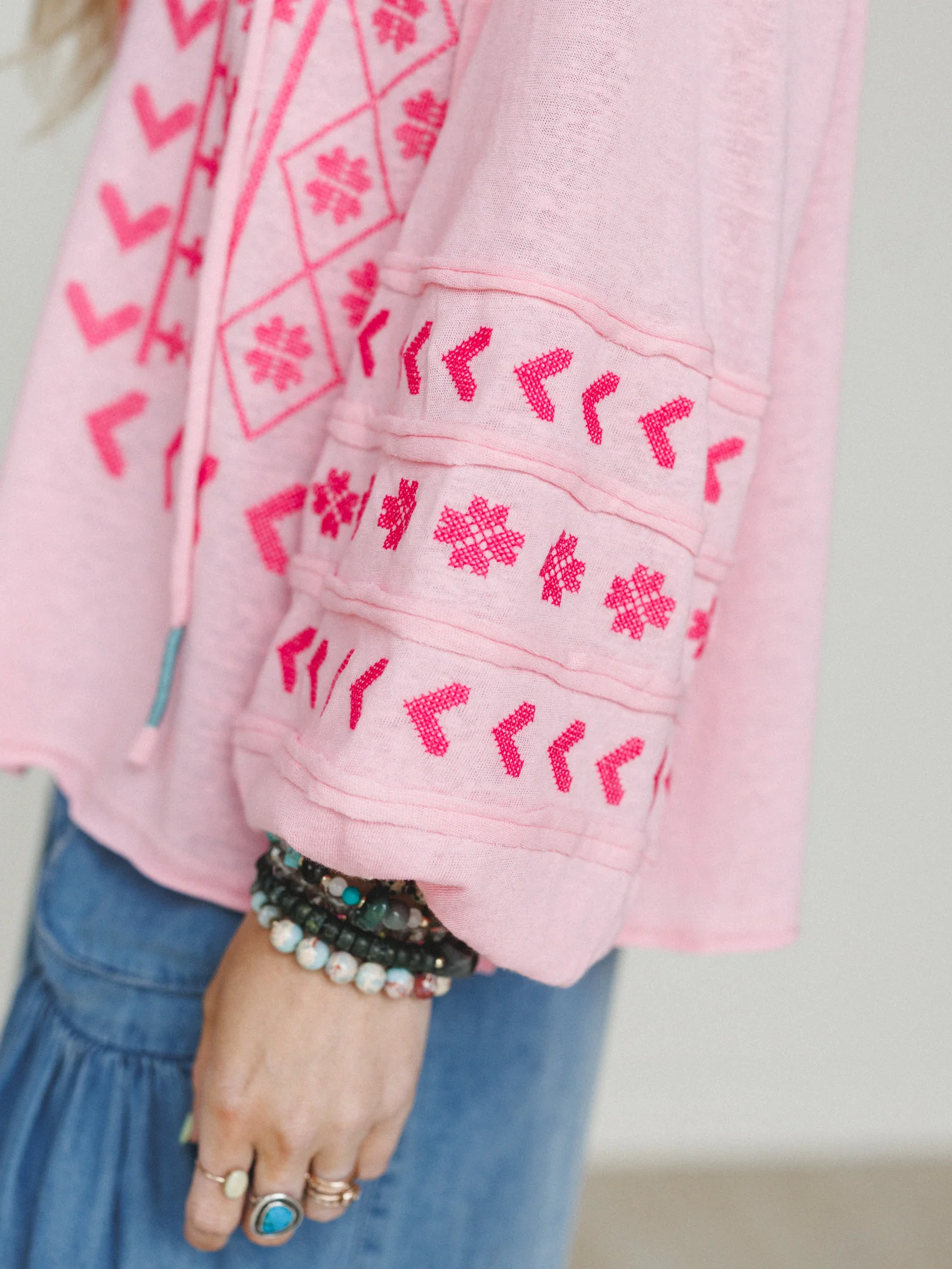 Sunset Palms Embroidered Top - Bubble Gum - Image 3