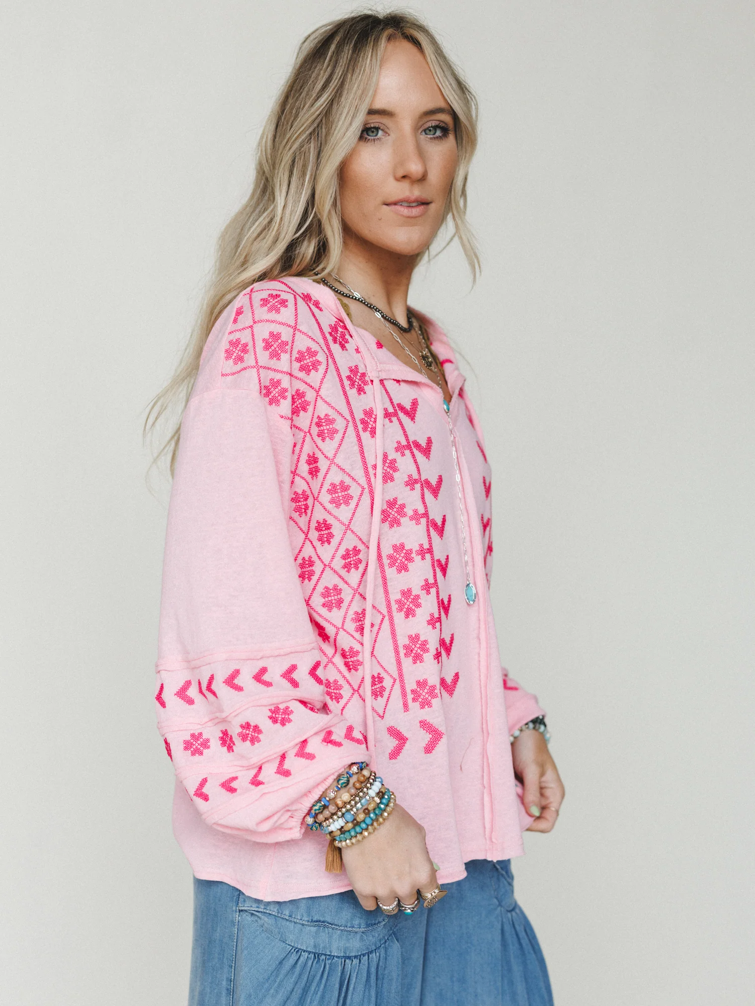 Sunset Palms Embroidered Top - Bubble Gum - Image 5