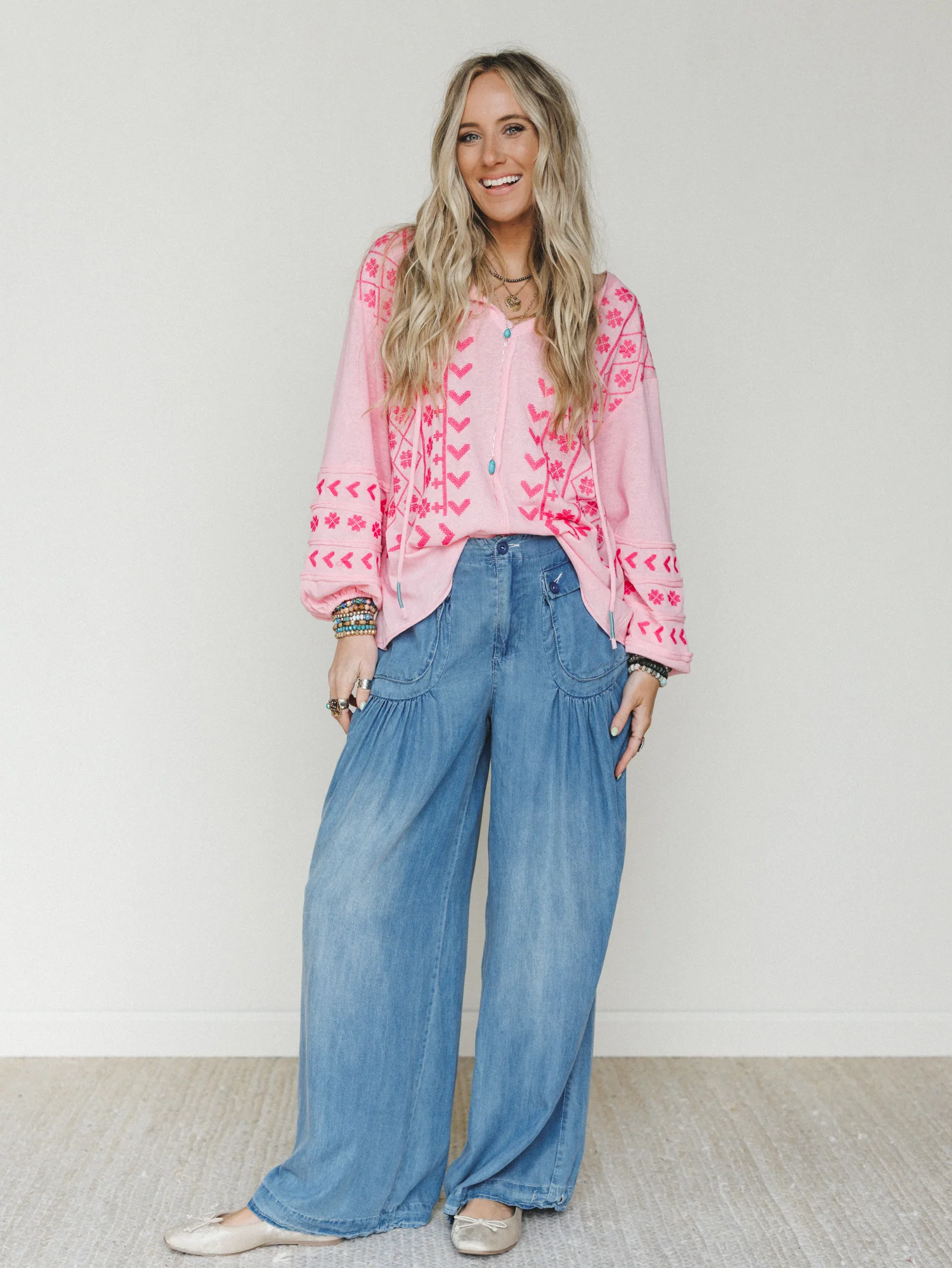 Sunset Palms Embroidered Top - Bubble Gum - Image 7