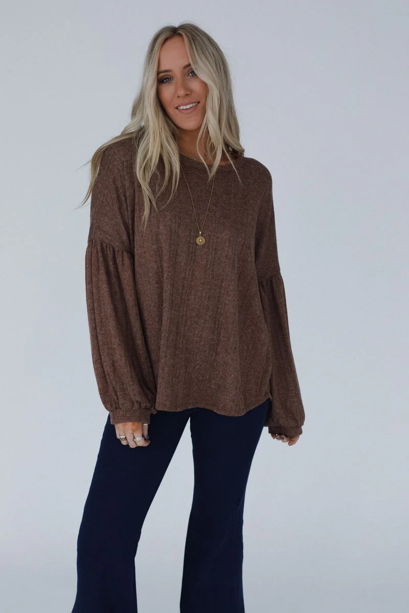 The Nest Sweet Heart Balloon Sleeve Knit Sweater - Mocha - Image 2