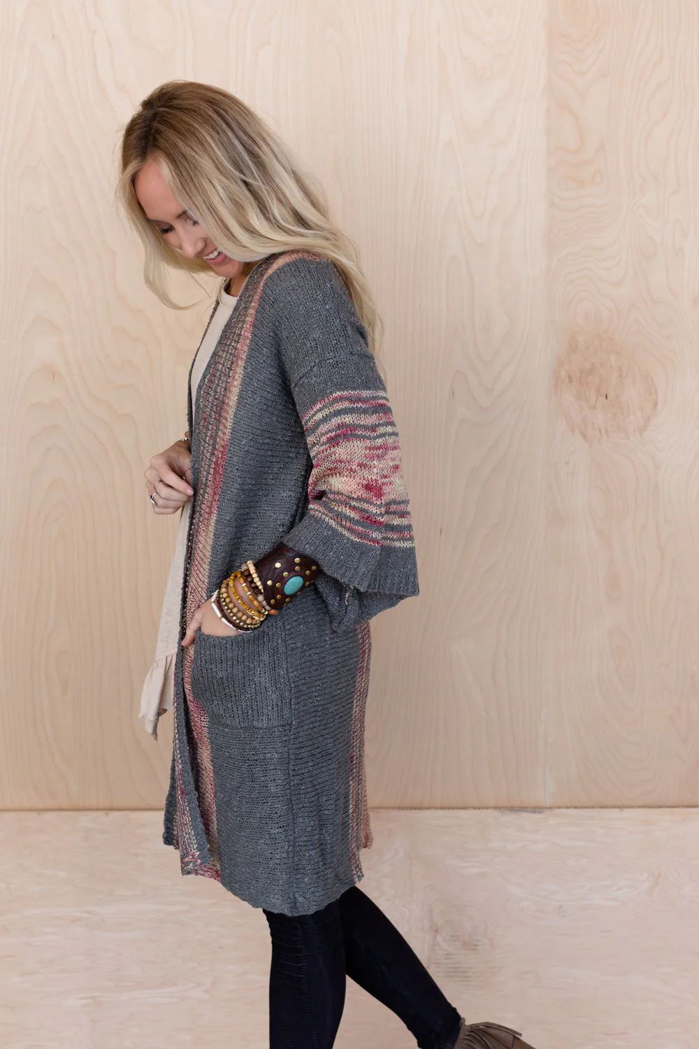 Rose Boho Throw On Cardigan - Gray - Image 2