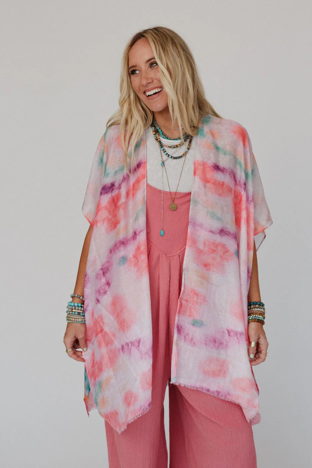 Swirling Sky Kimono - Coral