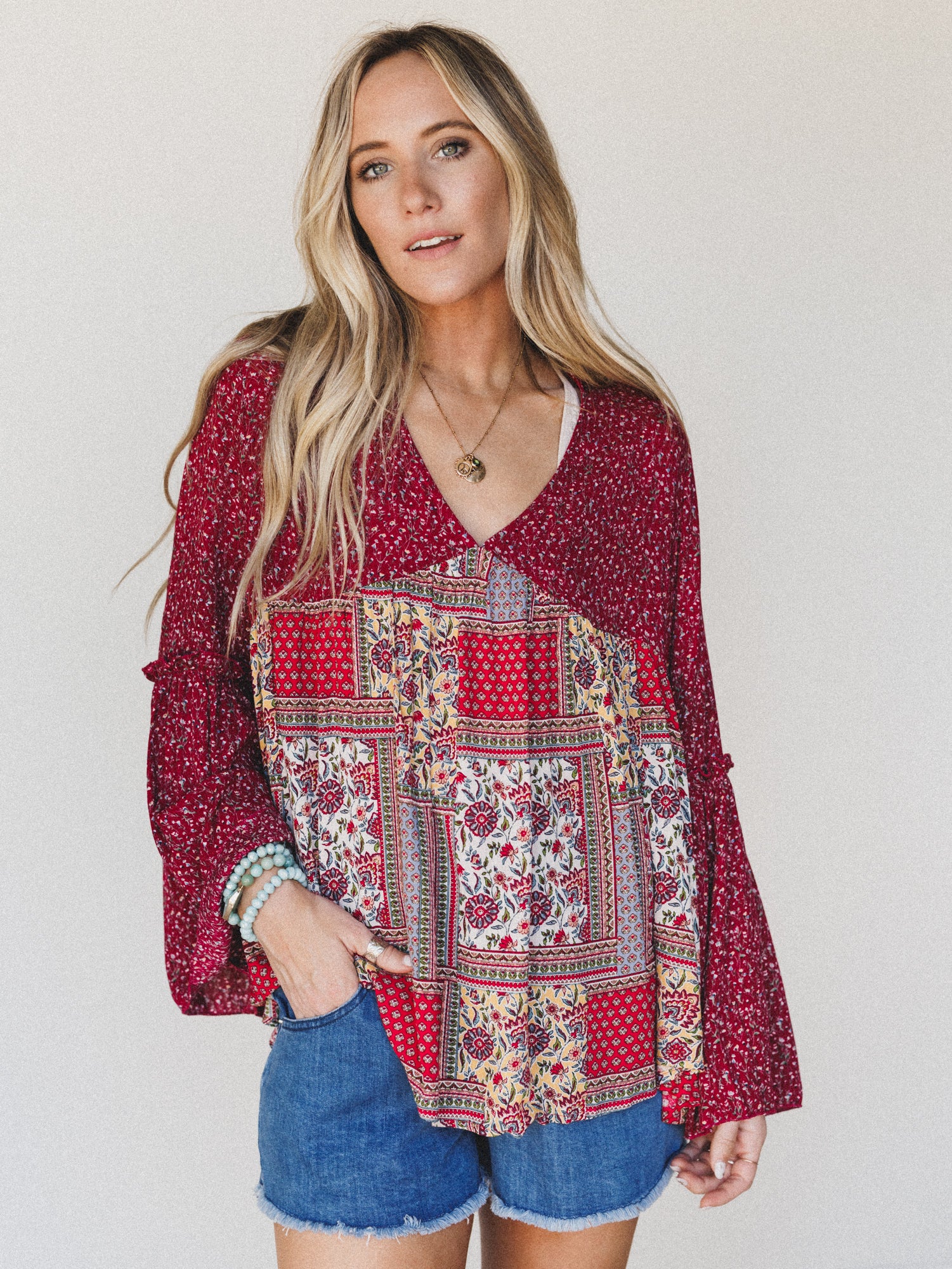 The Nest Brea Mixed Print Top - Burgundy - Image 3