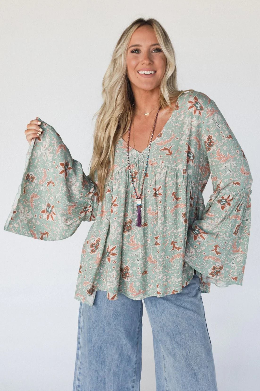 The Nest Brea Mixed Print Top - Sage Floral Print - Image 3