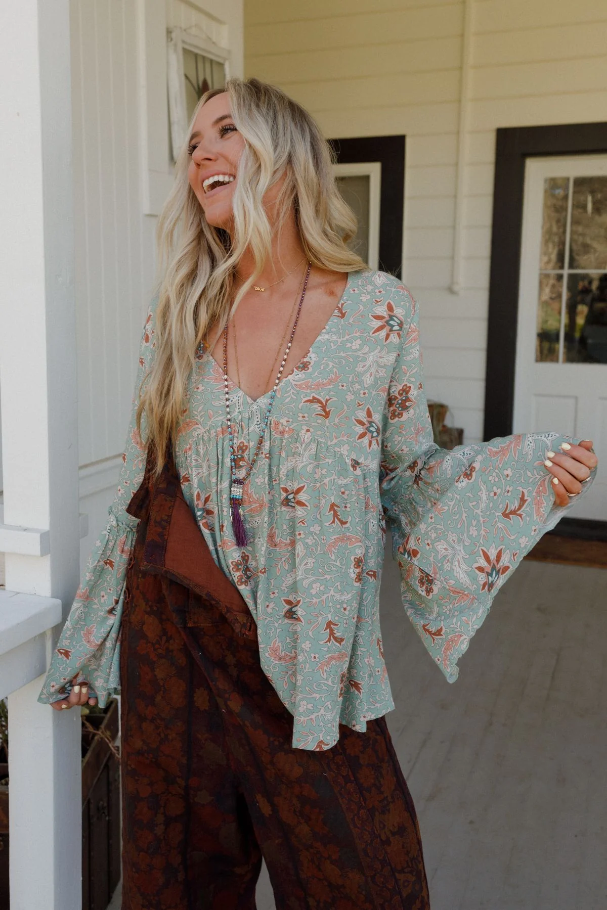 The Nest Brea Mixed Print Top - Sage Floral Print