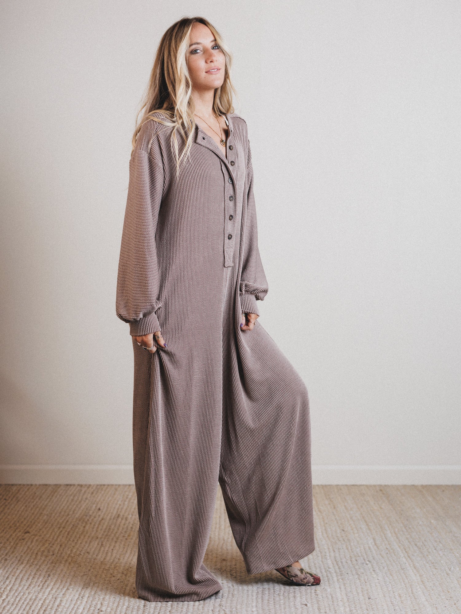 The Nest Daphne Textured Long Sleeve Jumpsuit - Acorn - Image 3