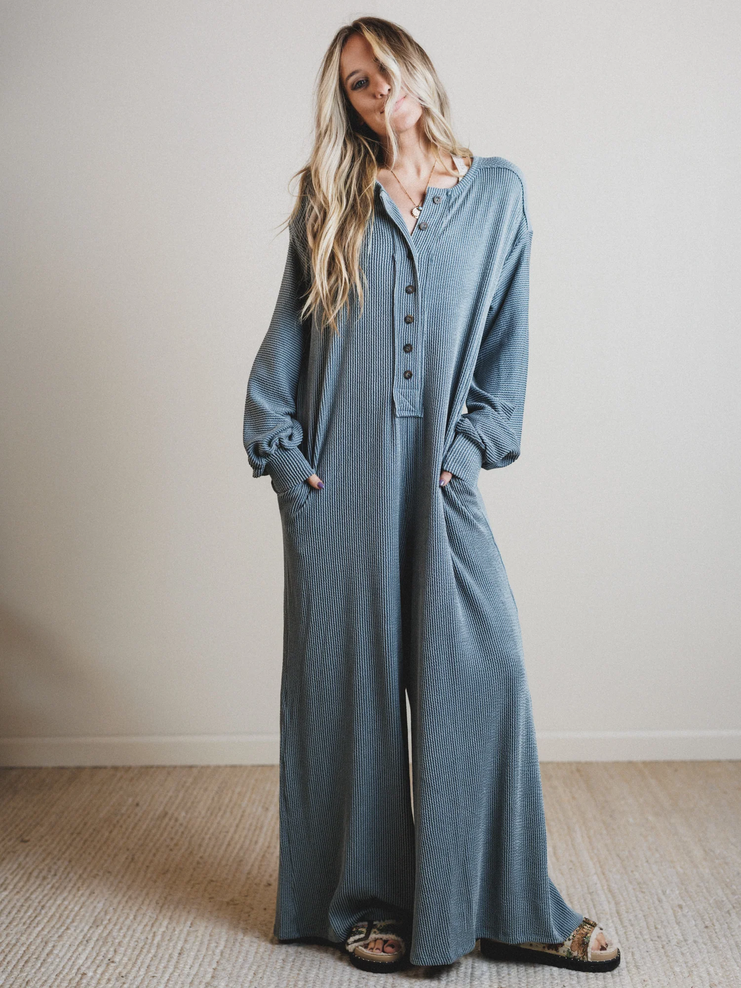 The Nest Daphne Textured Long Sleeve Jumpsuit - Seafoam