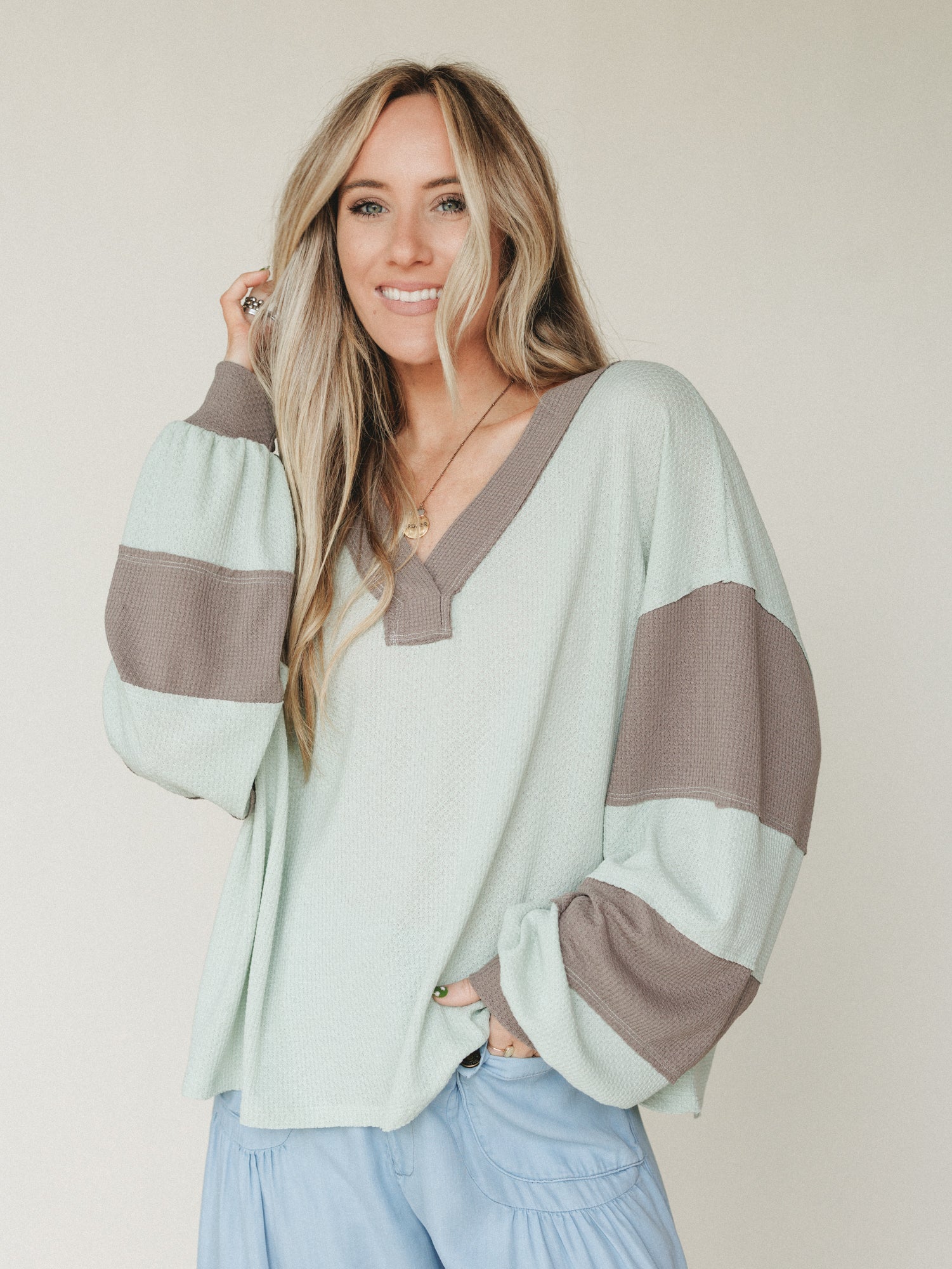 The Nest Elena Long Sleeve Top - Green Ash Mocha - Image 2