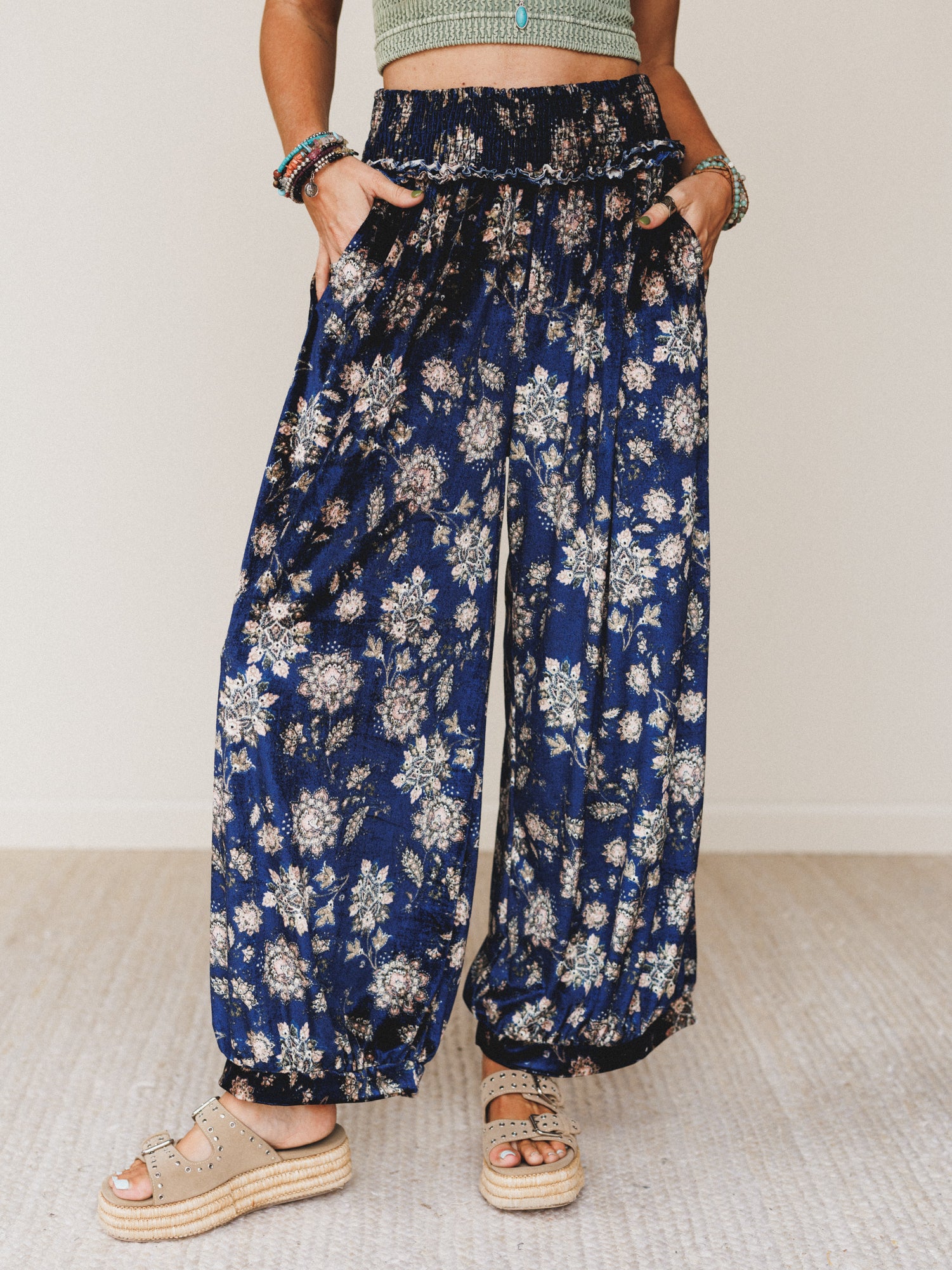 The Nest Gather Together Velvet Wide Leg Pants - Navy - Image 4