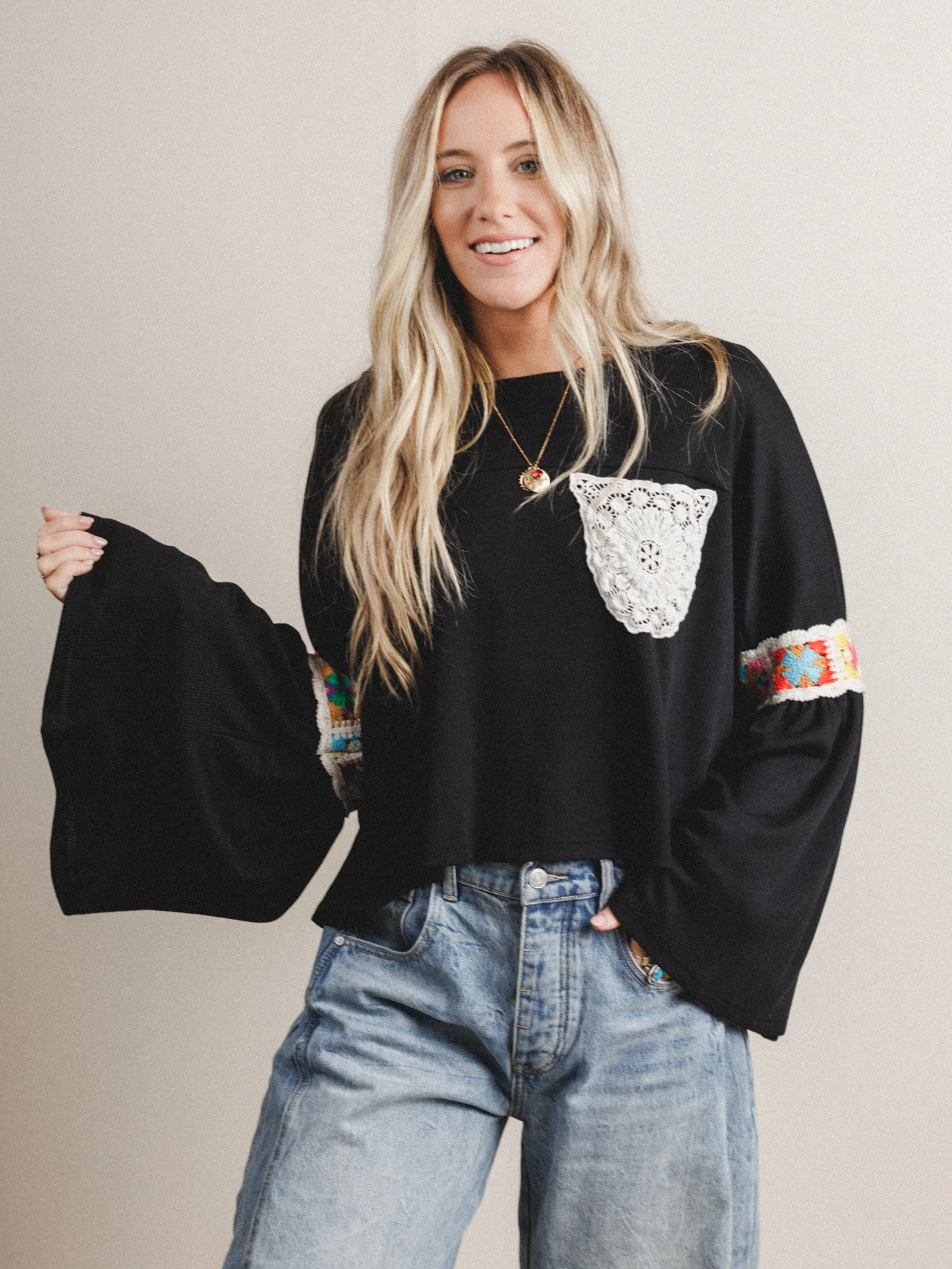 The Nest Groovy Crochet Patchwork Top - Black - Image 5