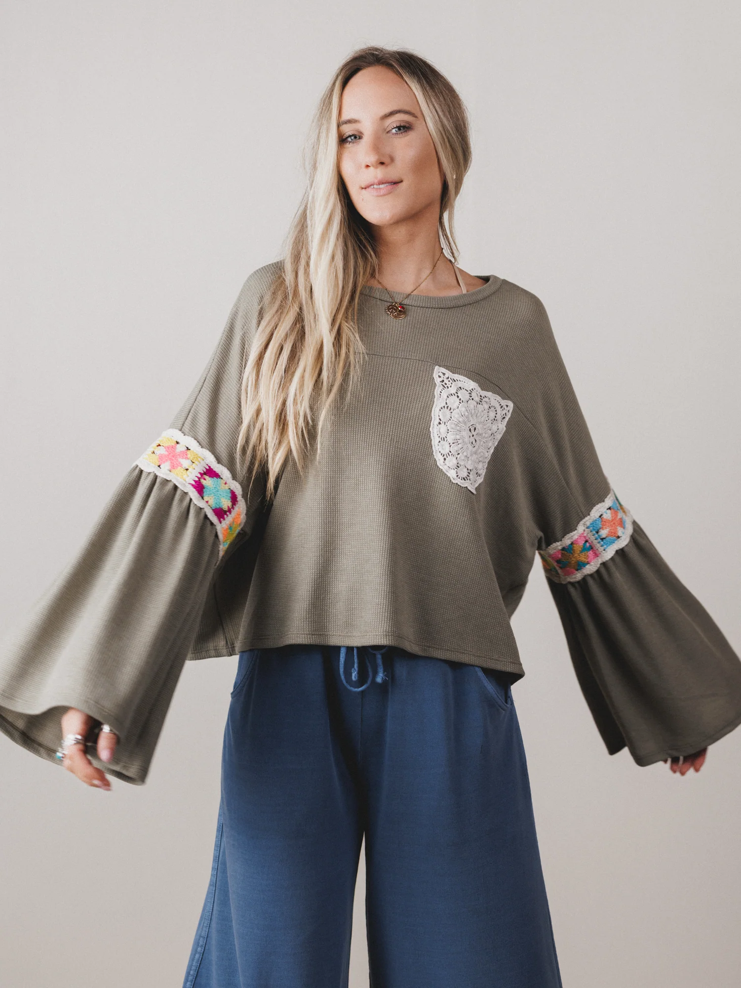 The Nest Groovy Crochet Patchwork Top - Olive - Image 2