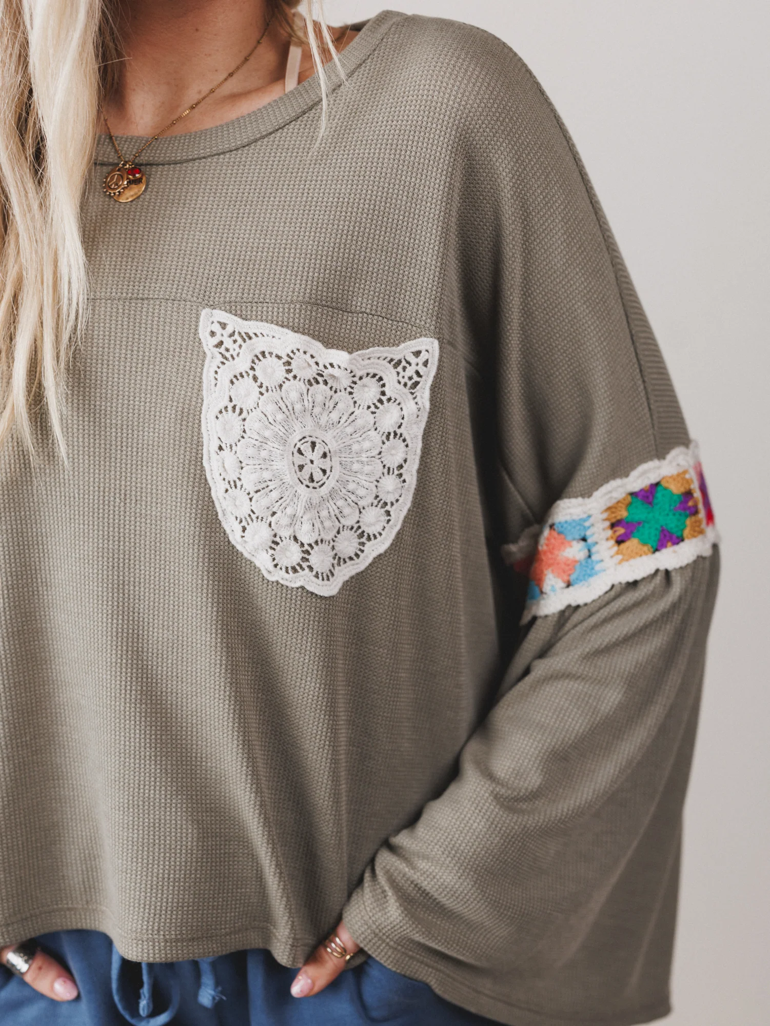 The Nest Groovy Crochet Patchwork Top - Olive - Image 4